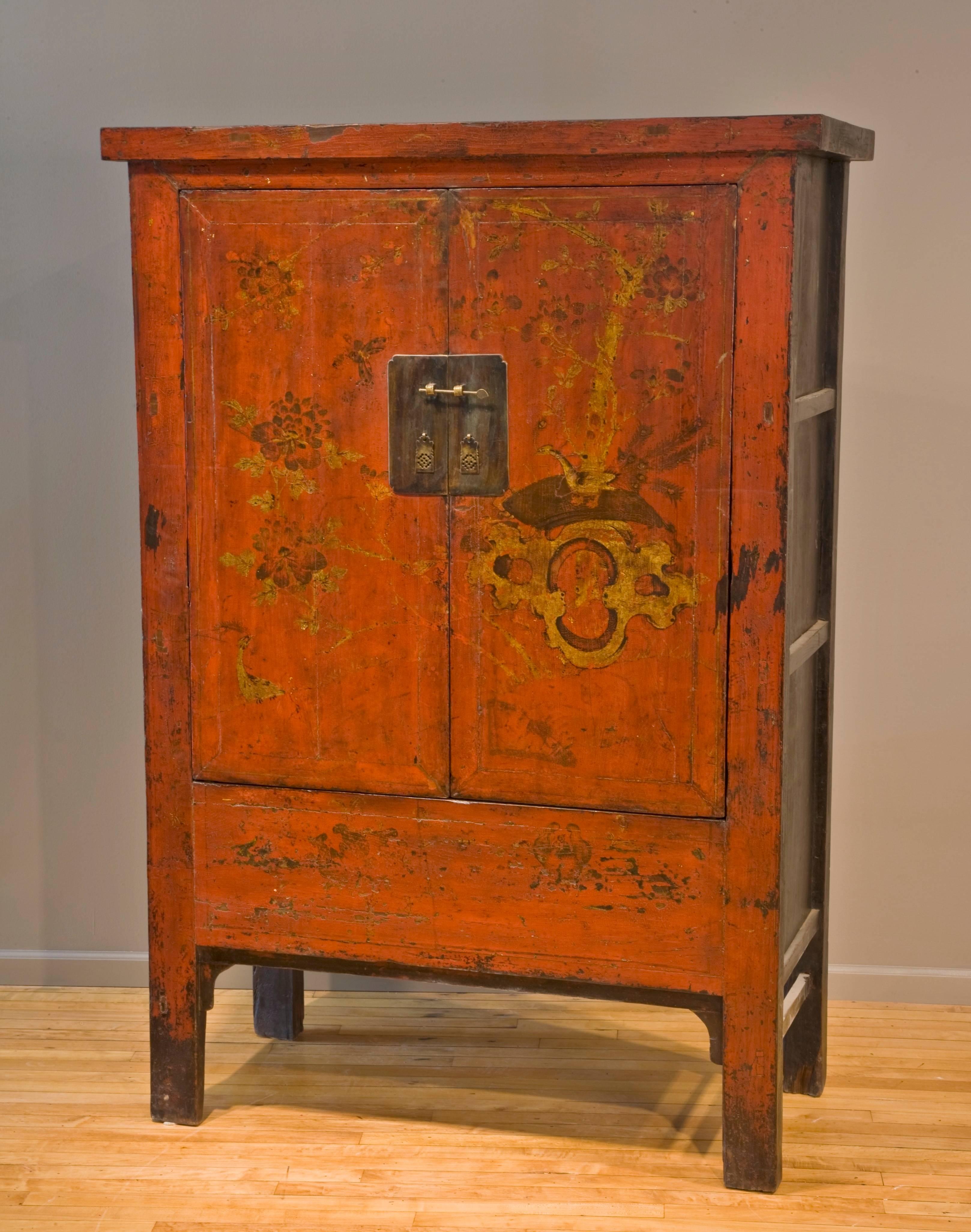 Antique Chinese Red Wedding Cabinet with Original Lacquer, Shanxi Province 2
