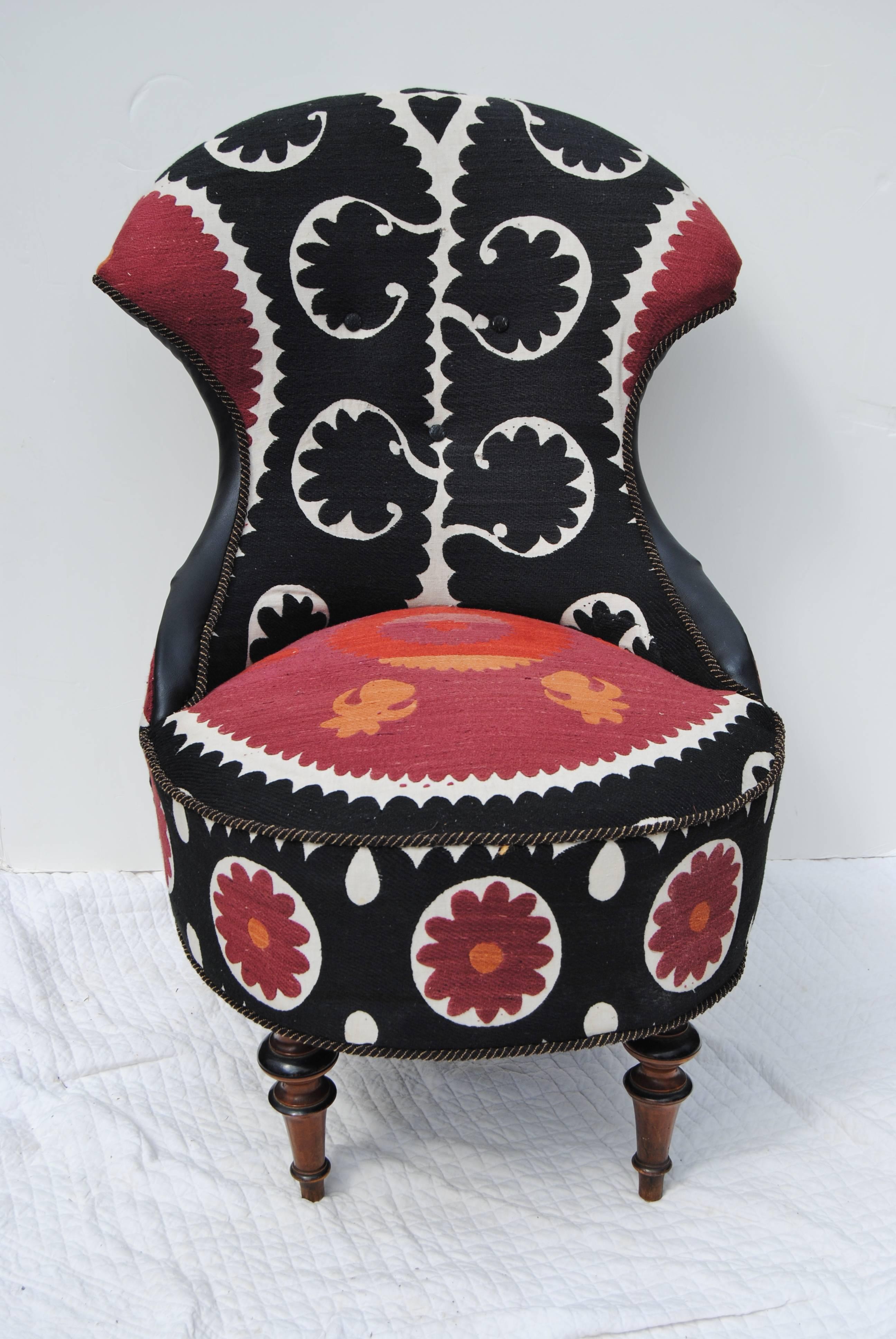 Cotton Antique European Chair Newly Upholsterd in a Vintage Suzani Textile