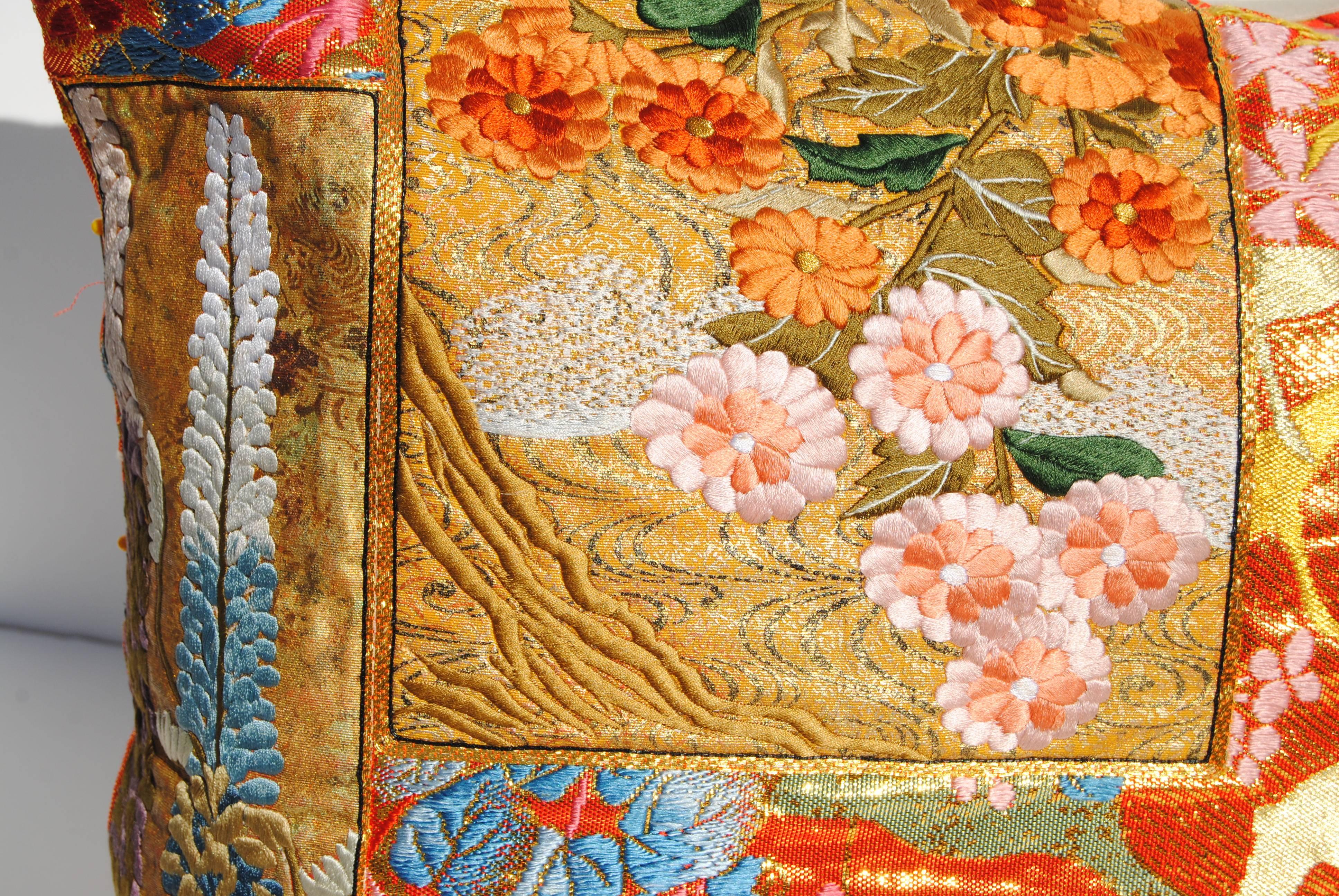 Custom Pillow Cut from a Vintage Japanese Silk Uchikake Wedding Kimono In Excellent Condition In Glen Ellyn, IL