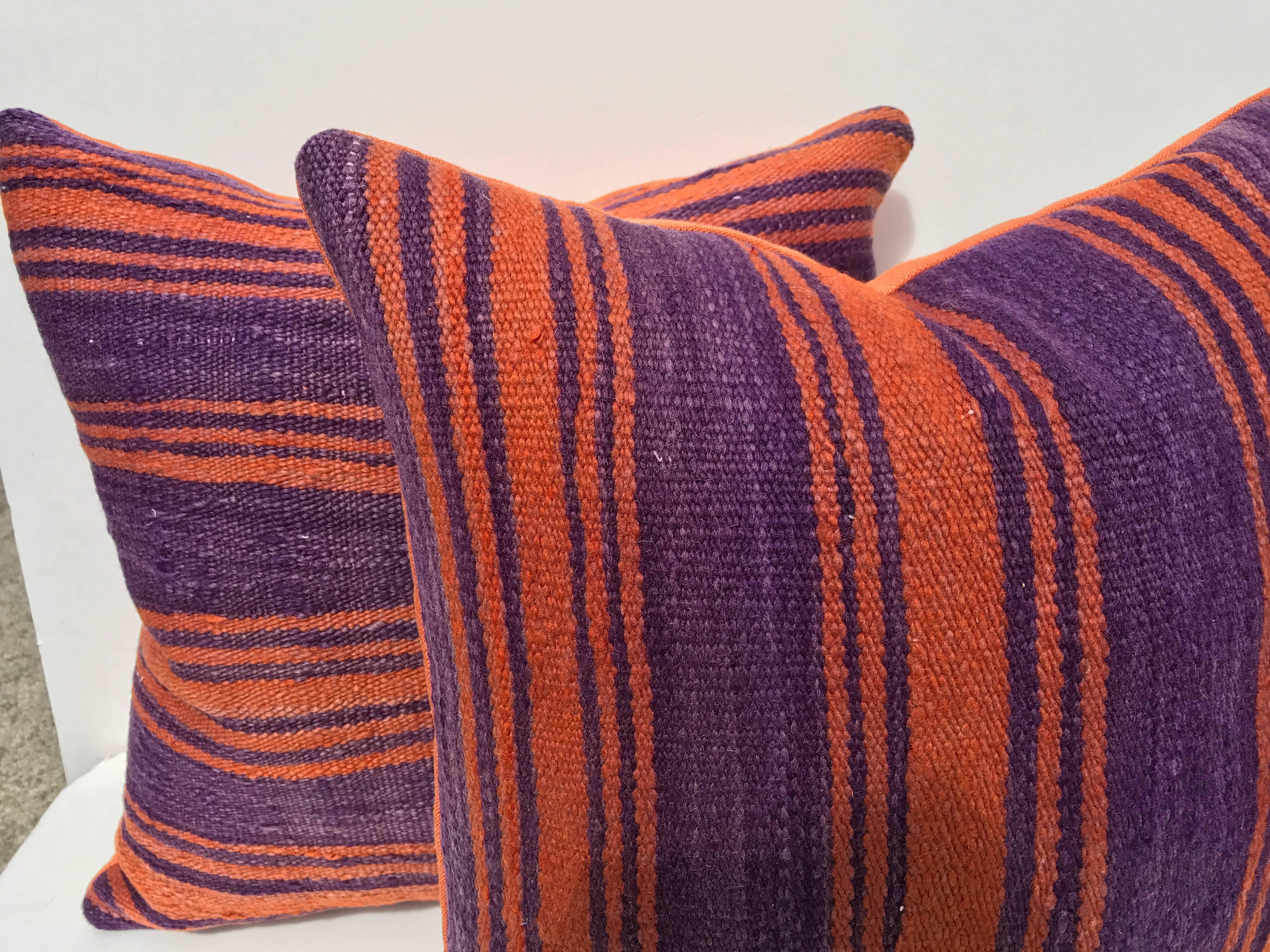 Custom Pair of Moroccan Pillows Cut from a Vintage Hand Loomed Wool Berber Rug   In Good Condition For Sale In Glen Ellyn, IL