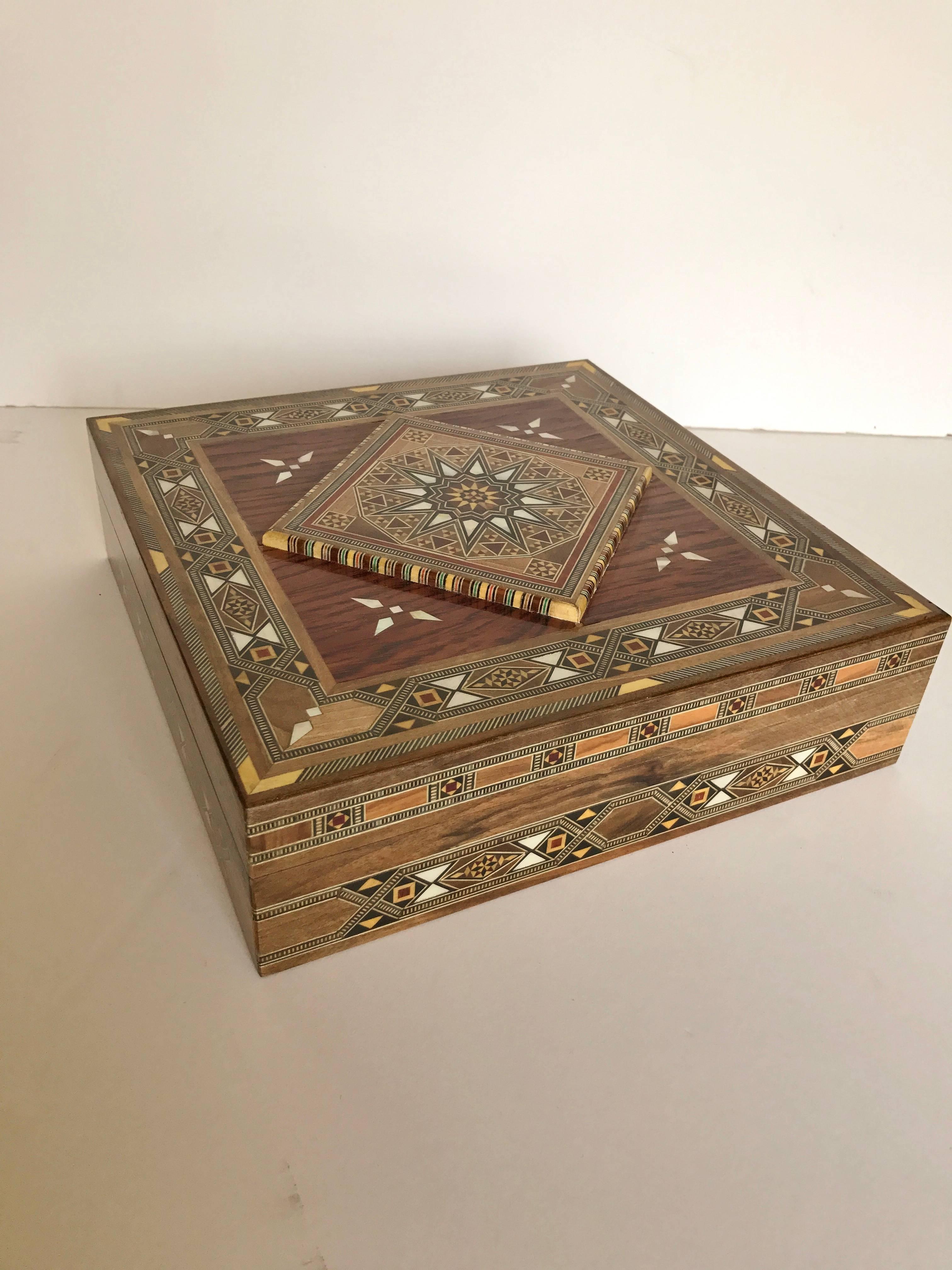 Syrian Walnut Wood Box Inlaid with Mother-of-Pearl, Cream Leather Lining 1