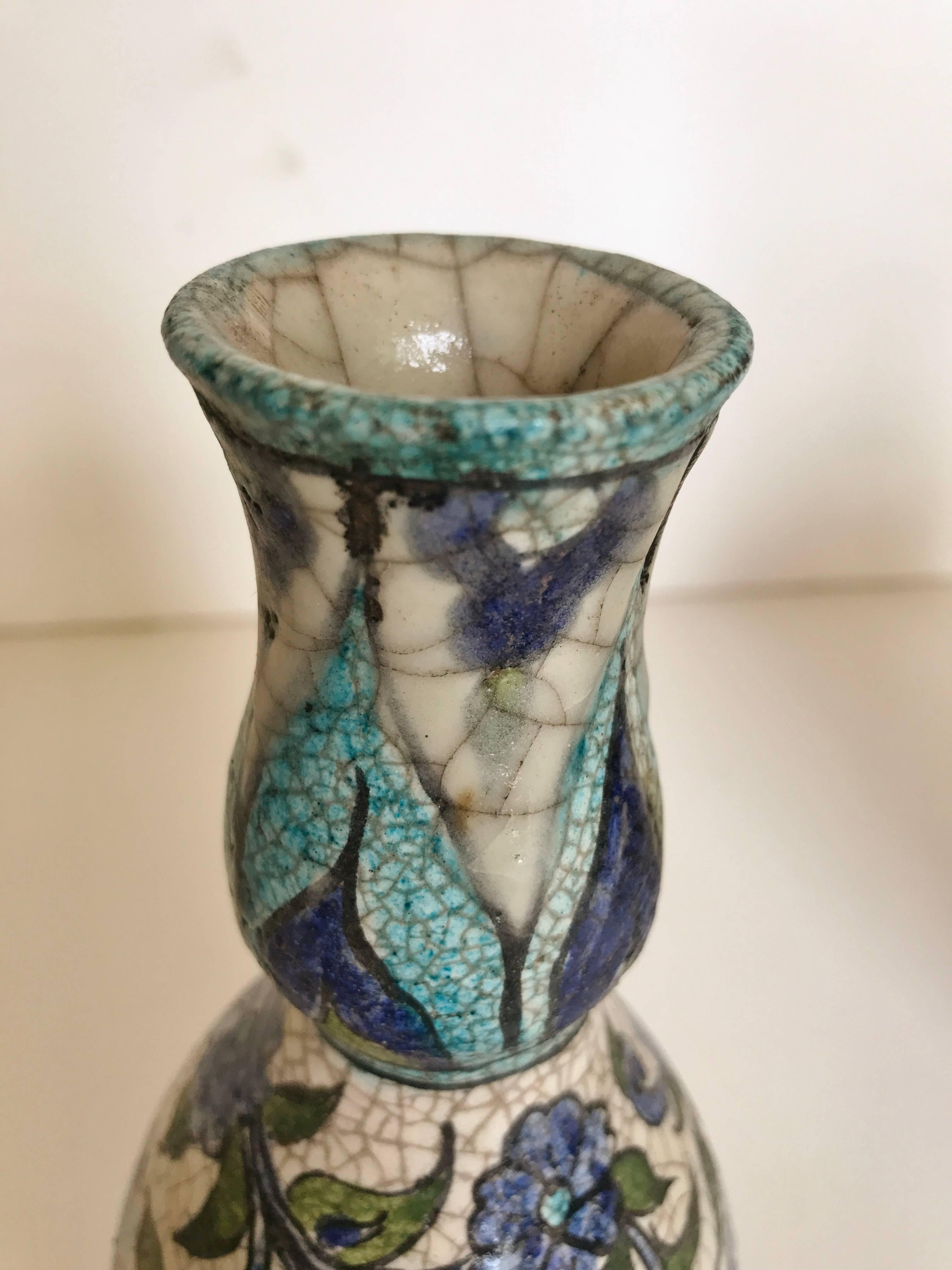 Pottery Two Vintage Syrian Vases with Traditional Blue and White Hand-Painted Designs