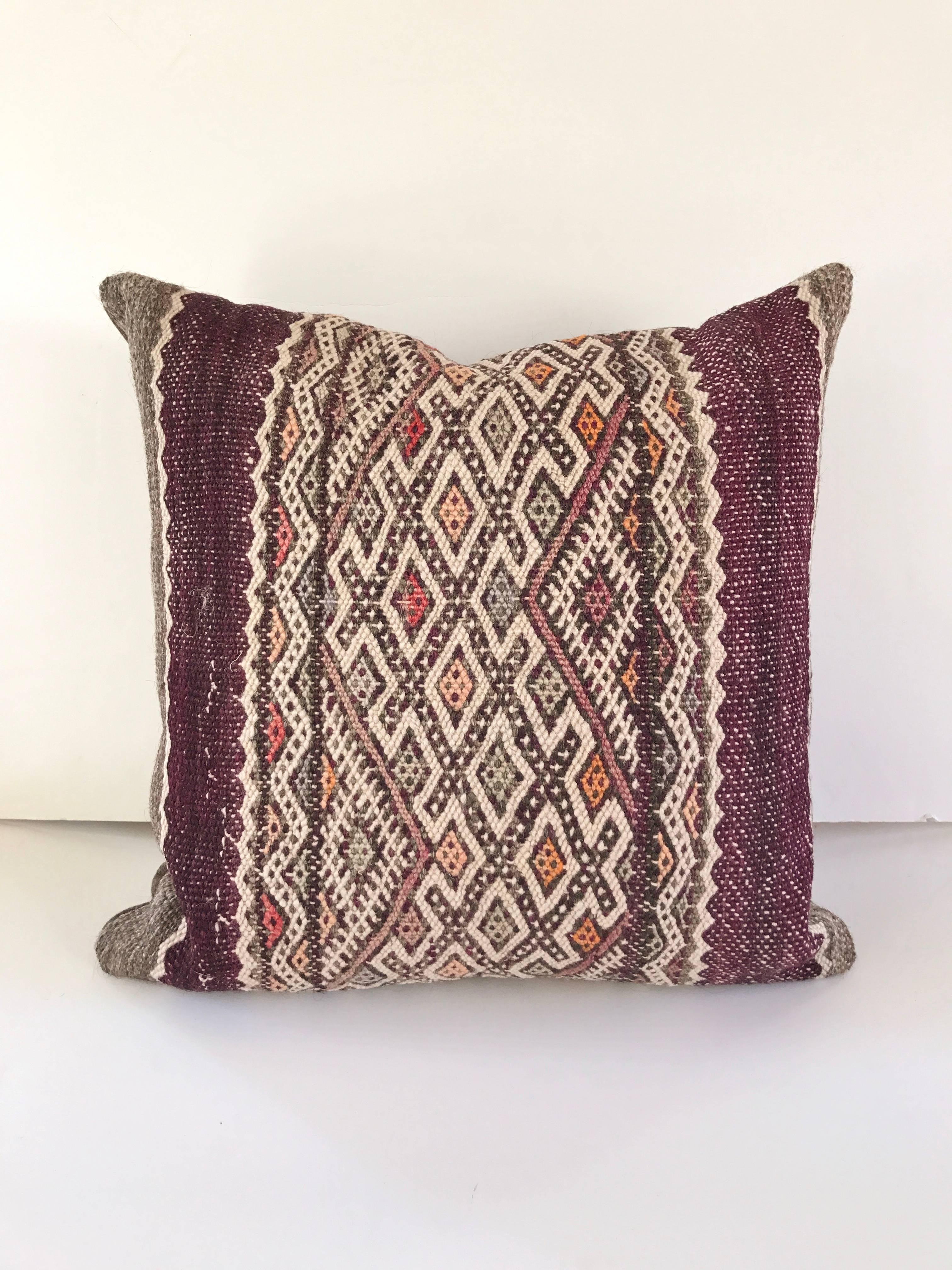 Custom Pair of Pillows Cut from a Vintage Hand-Loomed Wool Moroccan Berber Rug In Excellent Condition For Sale In Glen Ellyn, IL