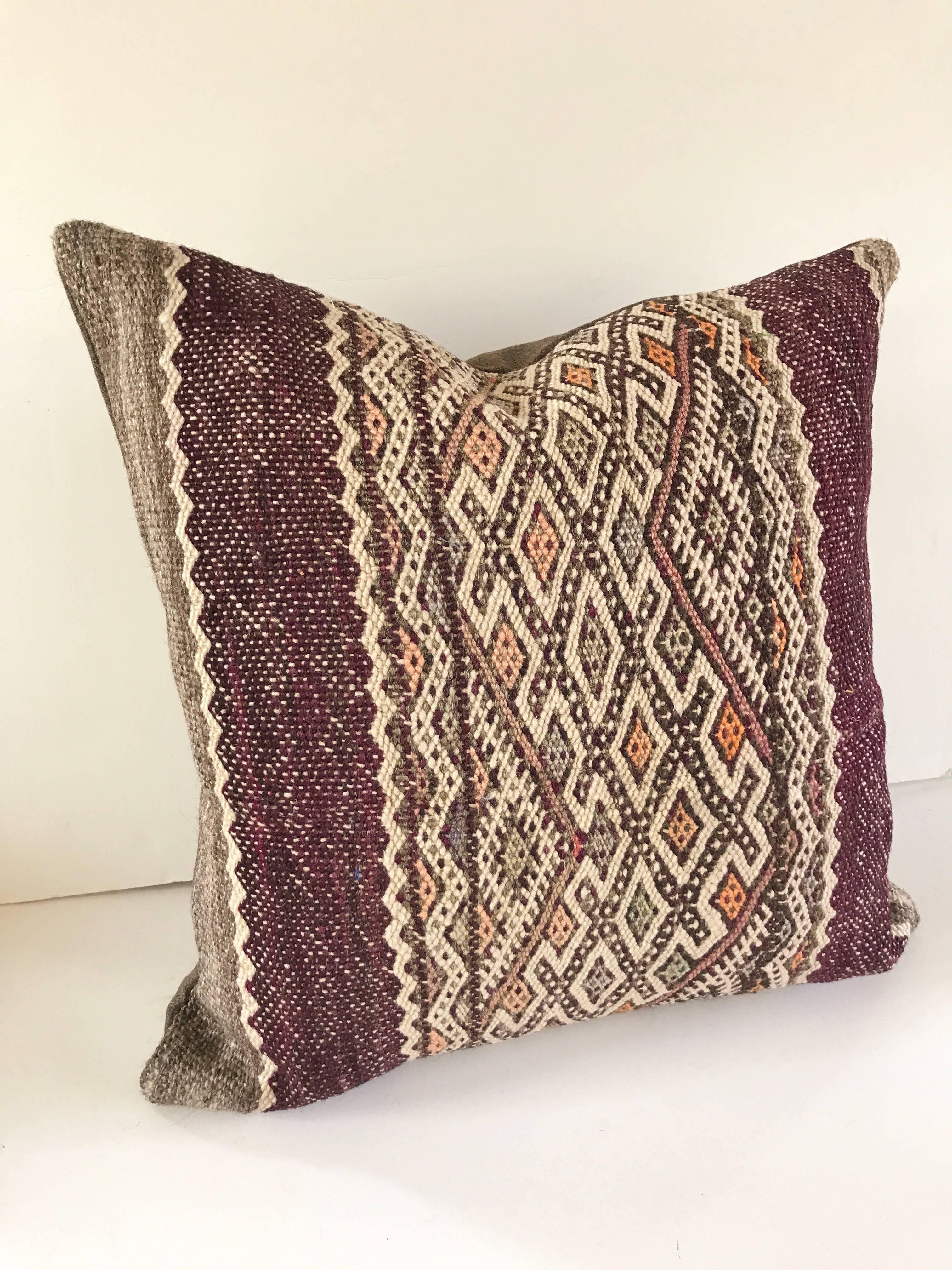 20th Century Custom Pair of Pillows Cut from a Vintage Hand-Loomed Wool Moroccan Berber Rug For Sale