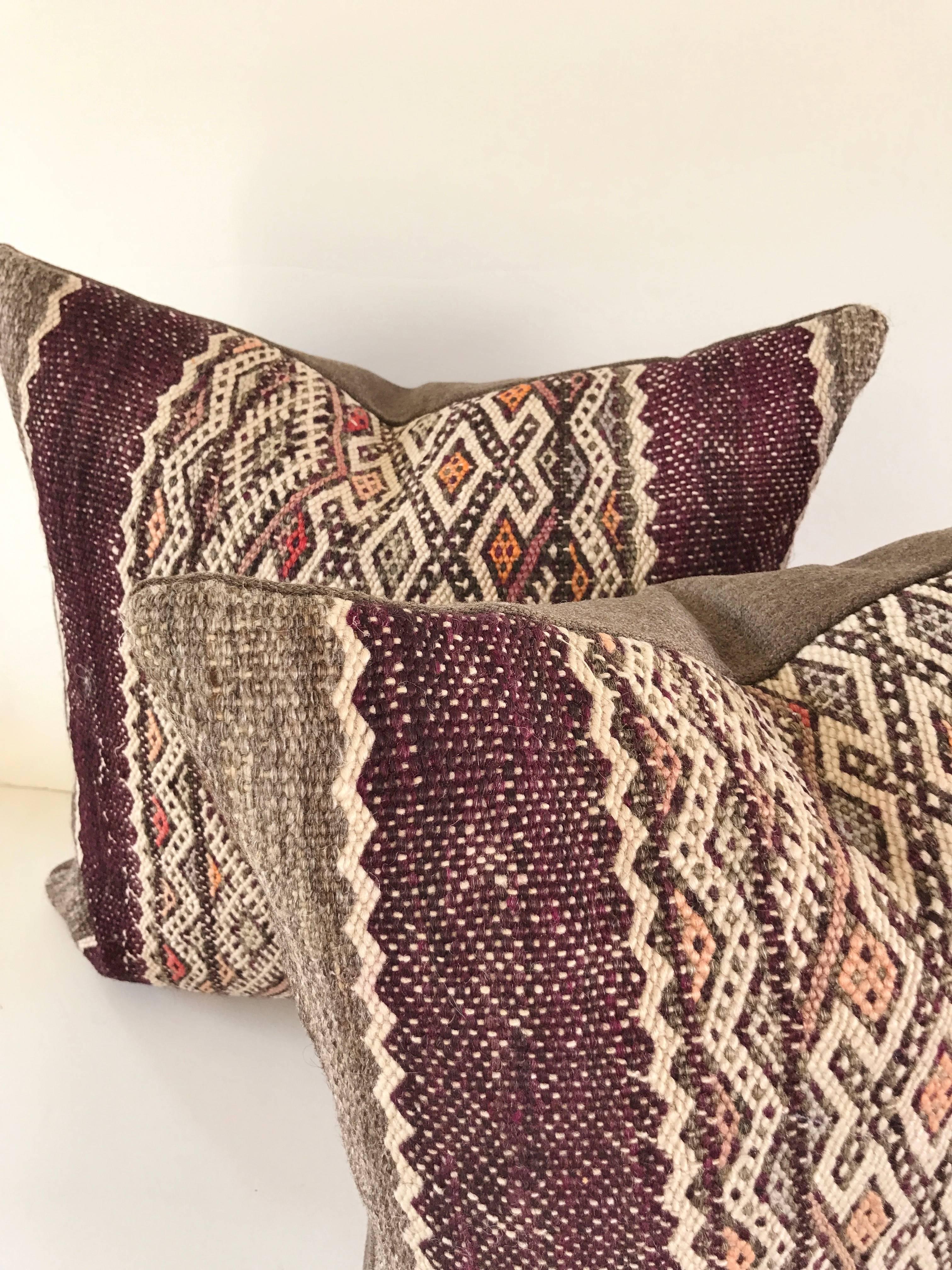 Custom Pair of Pillows Cut from a Vintage Hand-Loomed Wool Moroccan Berber Rug For Sale 3