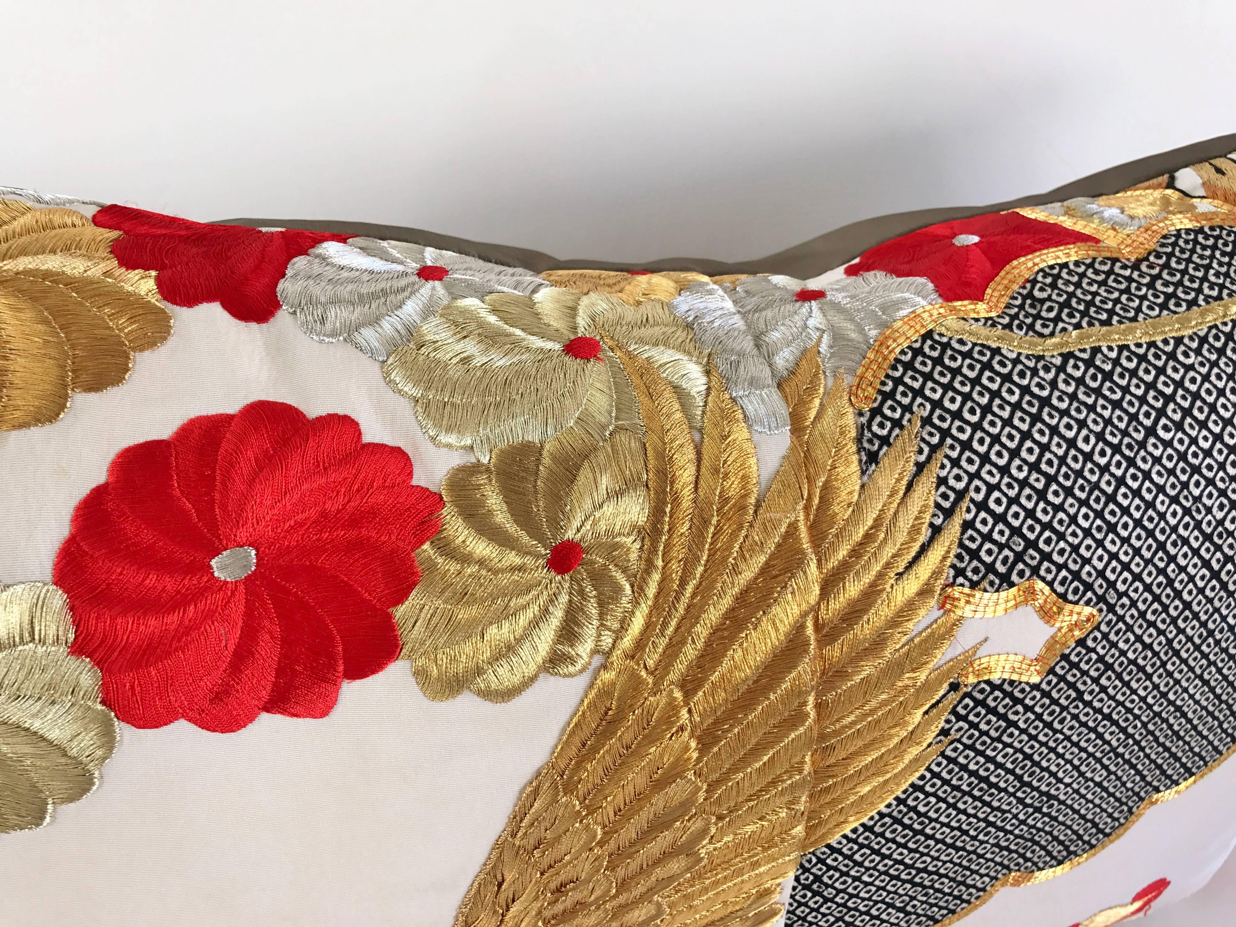 Custom Pillow Cut from a Vintage Japanese Silk Uchikake Wedding Kimono In Good Condition For Sale In Glen Ellyn, IL