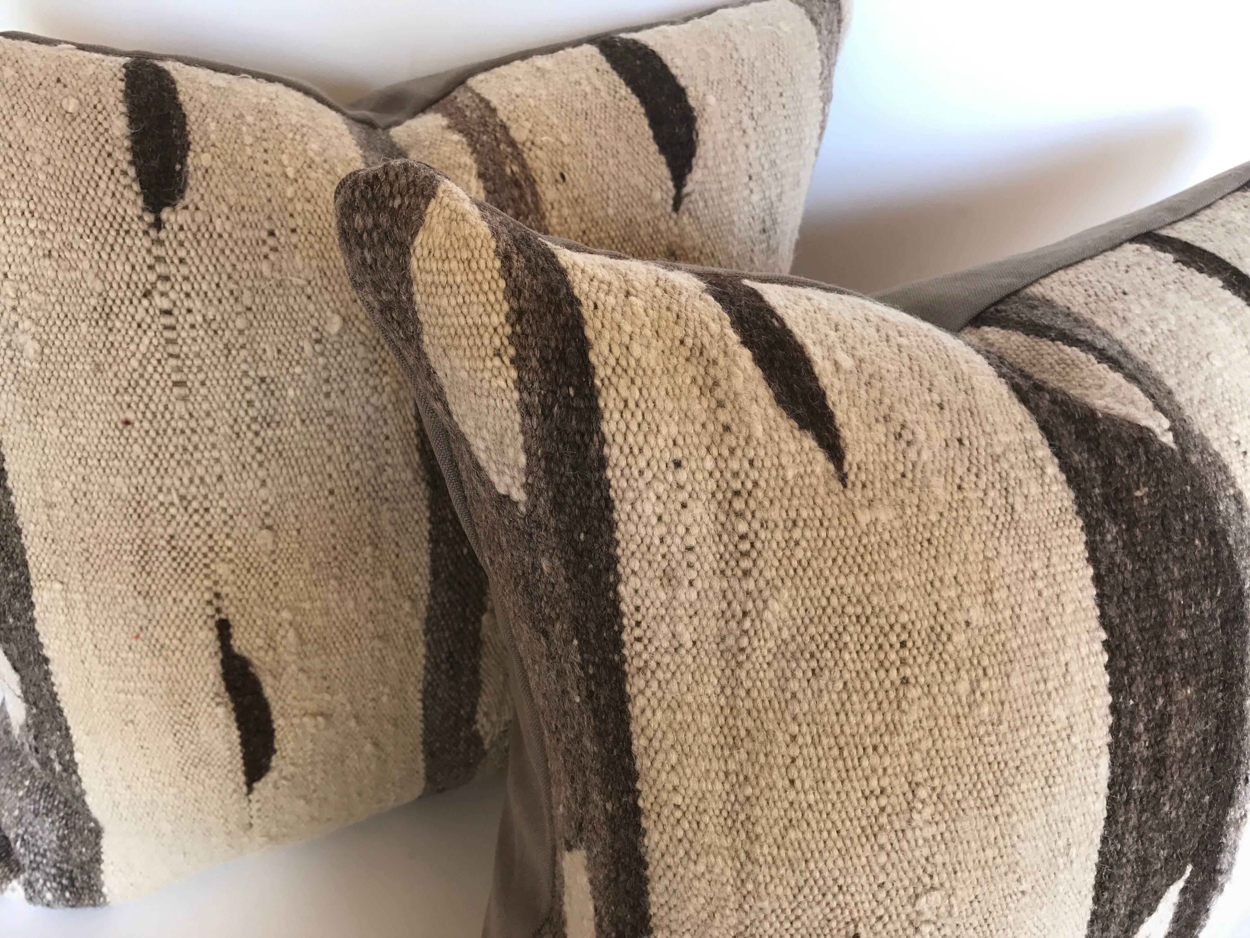 Hand-Woven Custom Moroccan Pillows Cut from a Wool Vintage Ourika Kilim, Atlas Mountains