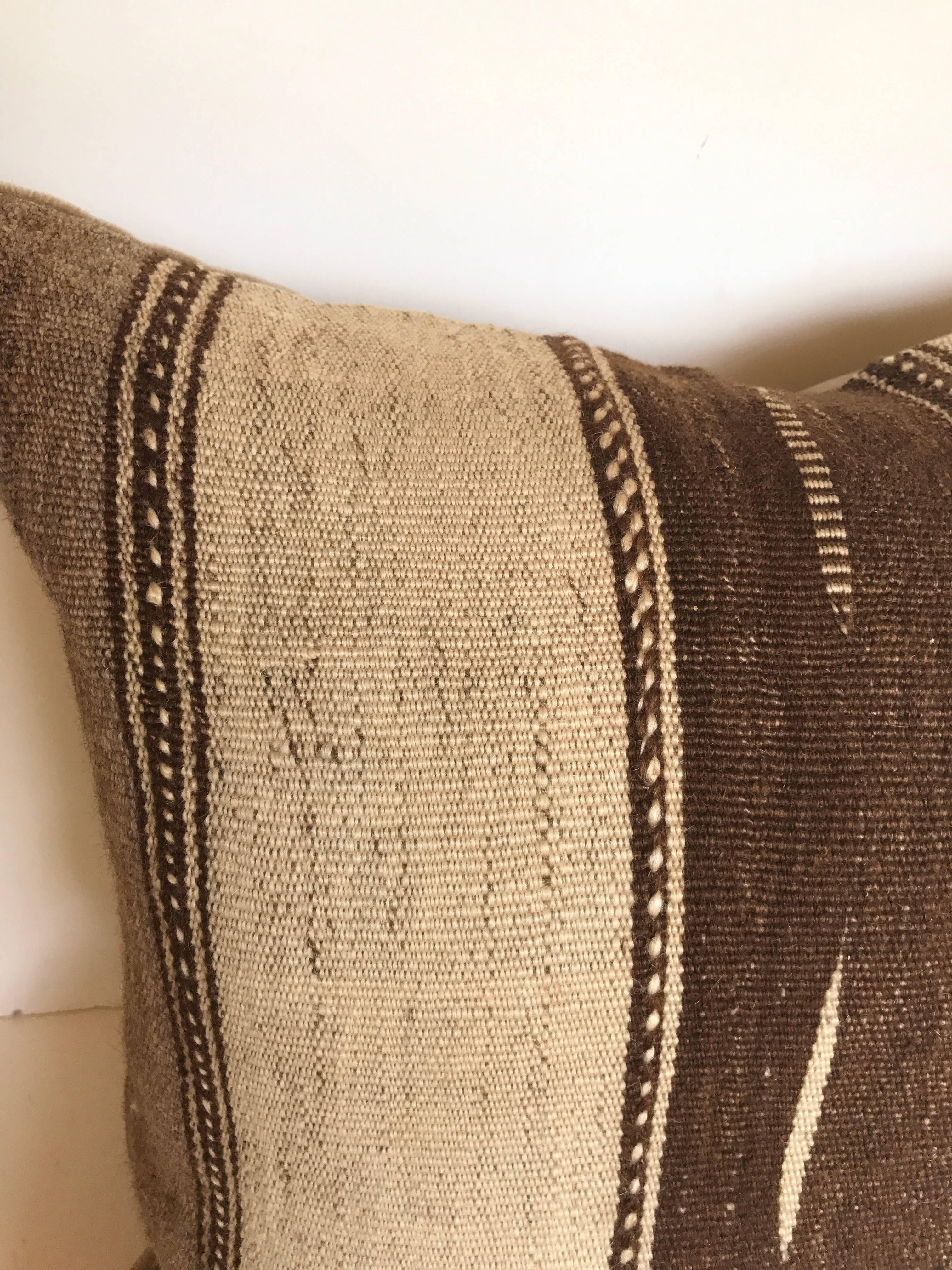 Hand-Knotted Custom Moroccan Pillow Cut from a Vintage Wool Hand Loomed Ourika Kilim