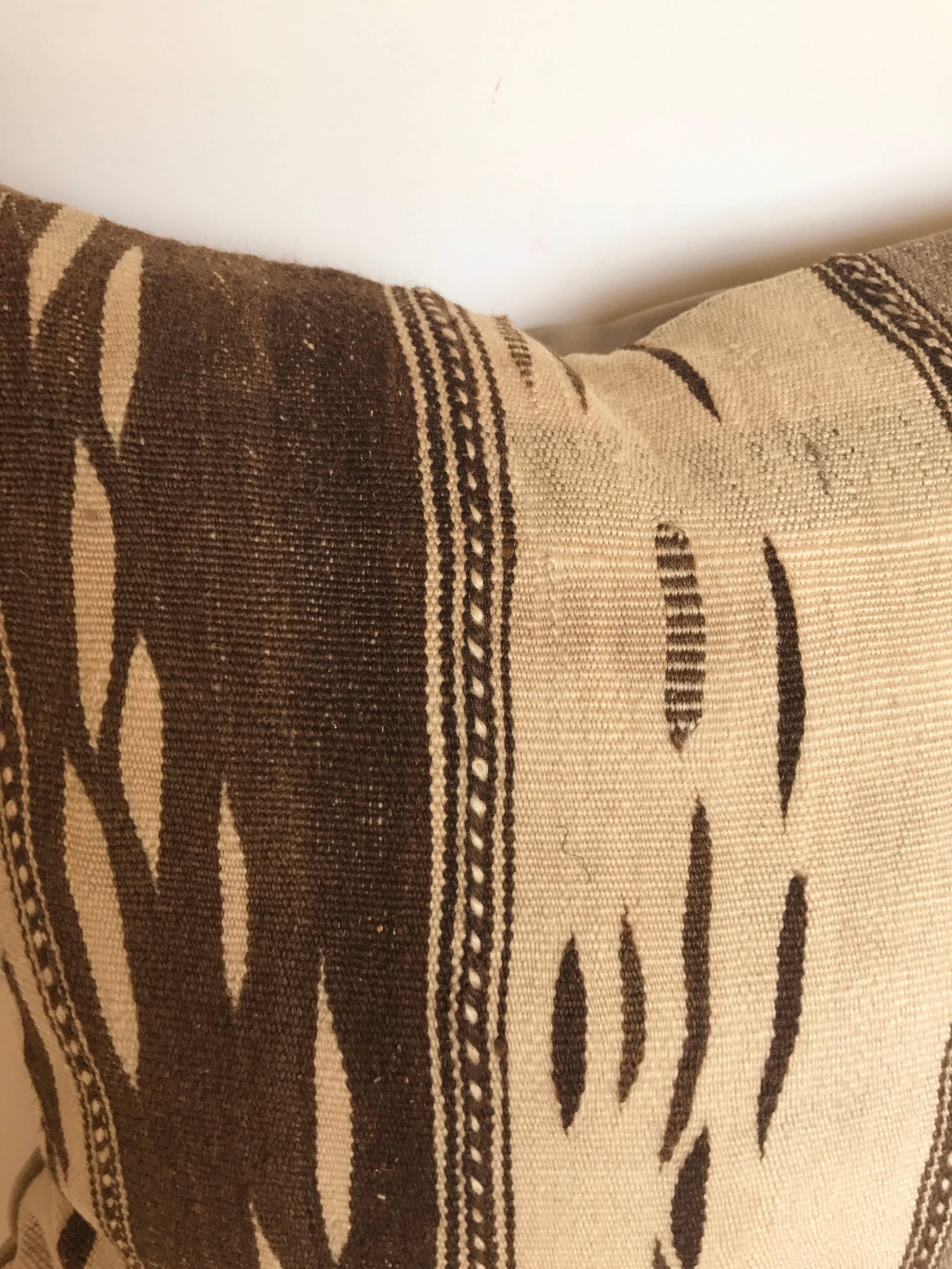 Hand-Knotted Custom Moroccan Pillow Cut from a Vintage Hand Loomed Wool Ourika Kilim Rug