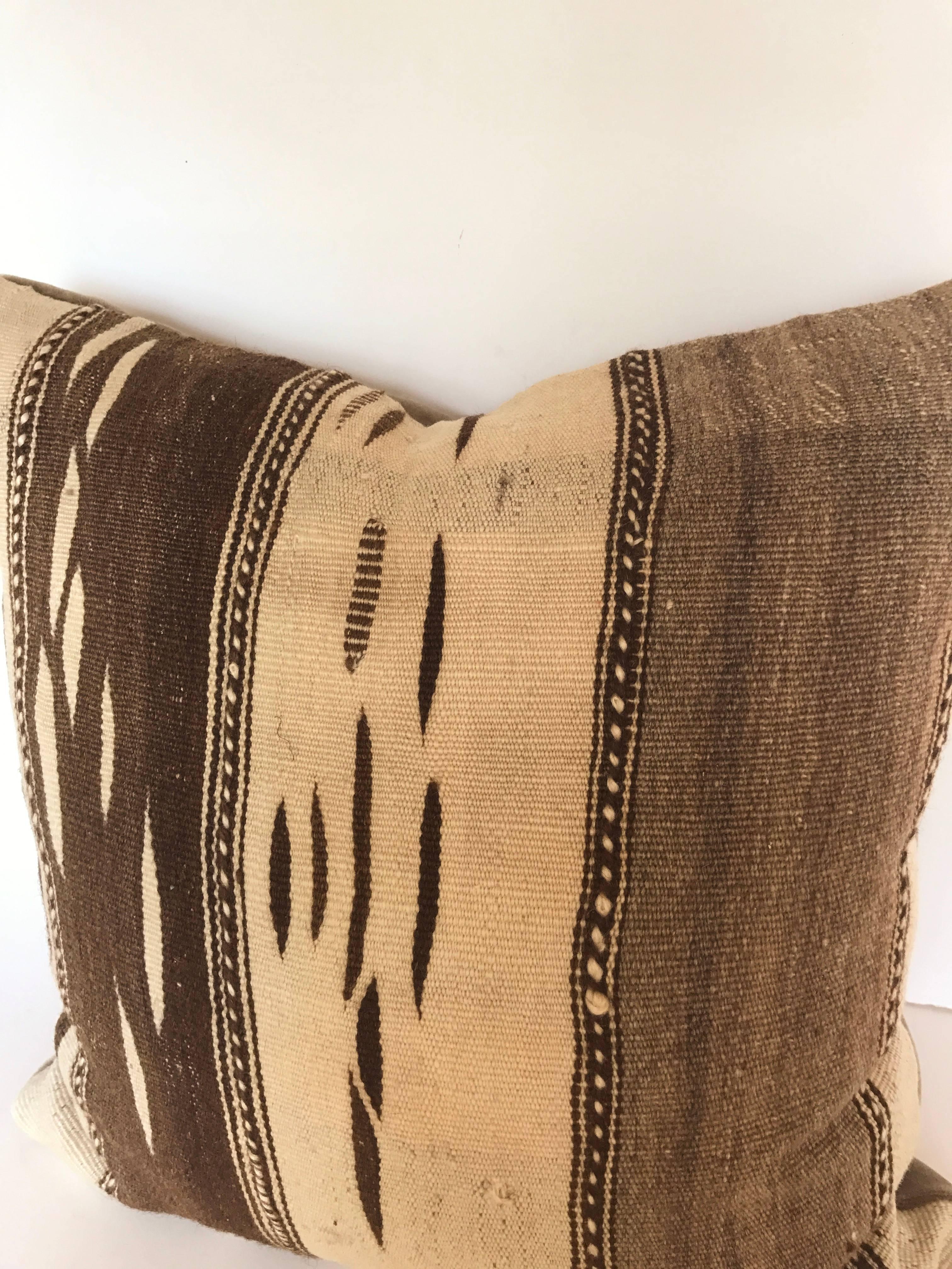 Custom Moroccan Pillow Cut from a Vintage Hand Loomed Wool Ourika Kilim Rug In Good Condition In Glen Ellyn, IL