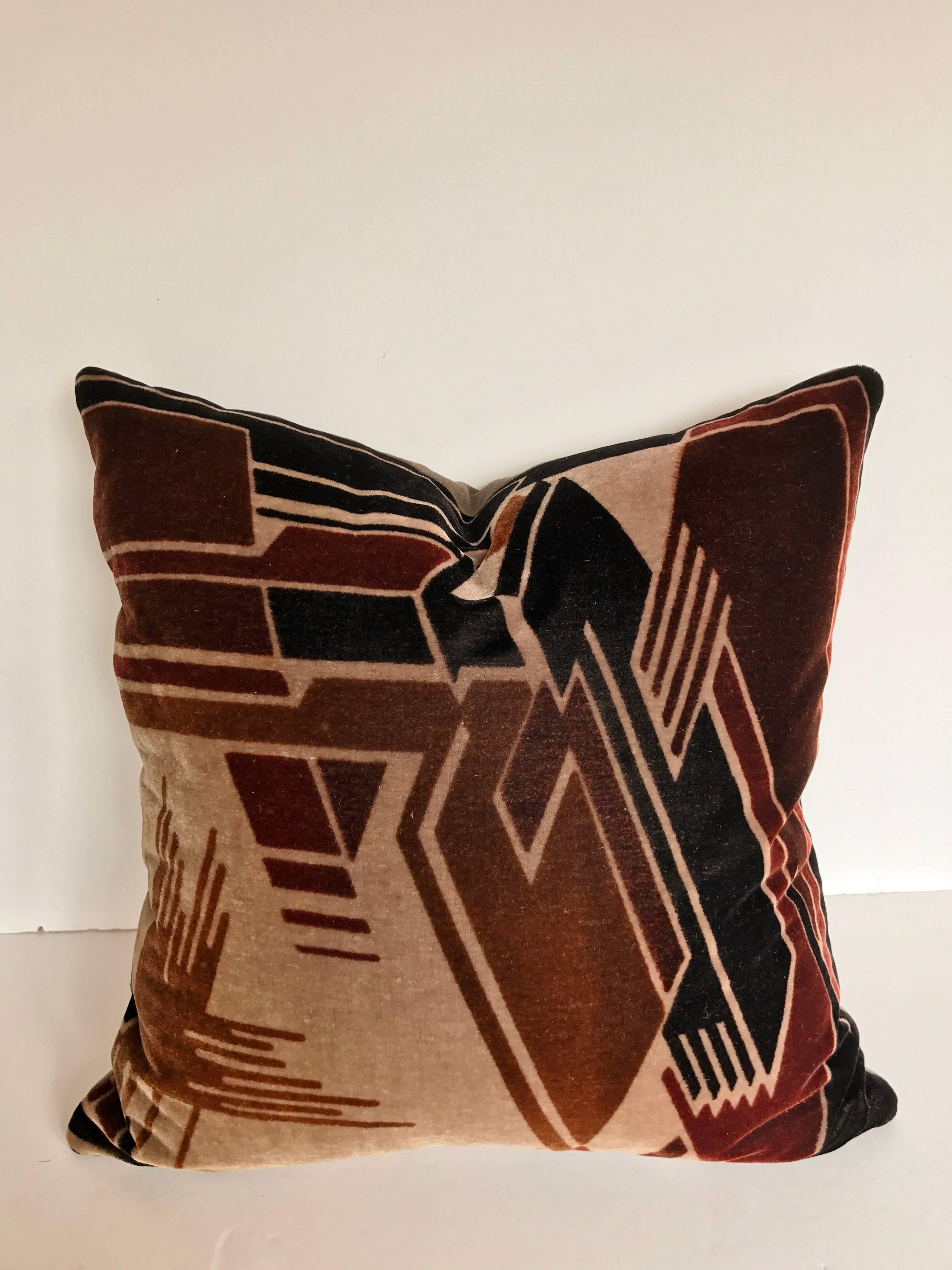 Custom pillow cut from a rare hand blocked mohair Amsterdam School Textile, Netherlands, circa 1915-1927. Mohair is soft and lustrous with a strong deco design. Pillow is backed in velvet, filled with an insert of 50/50 down and feathers and