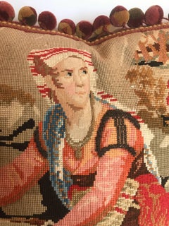 Antique European Needlepoint Pillow with Designer Wool Ball Fringe
