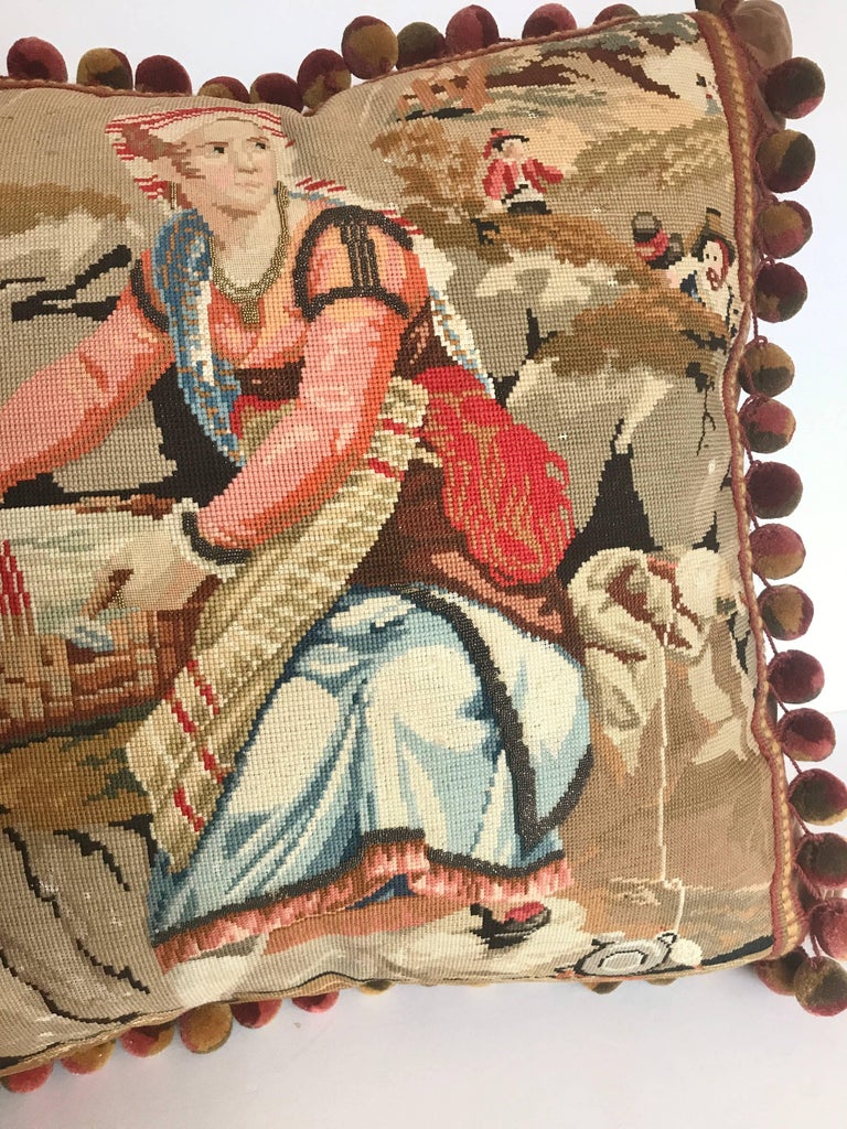 Antique European Needlepoint Pillow with Designer Wool Ball Fringe For