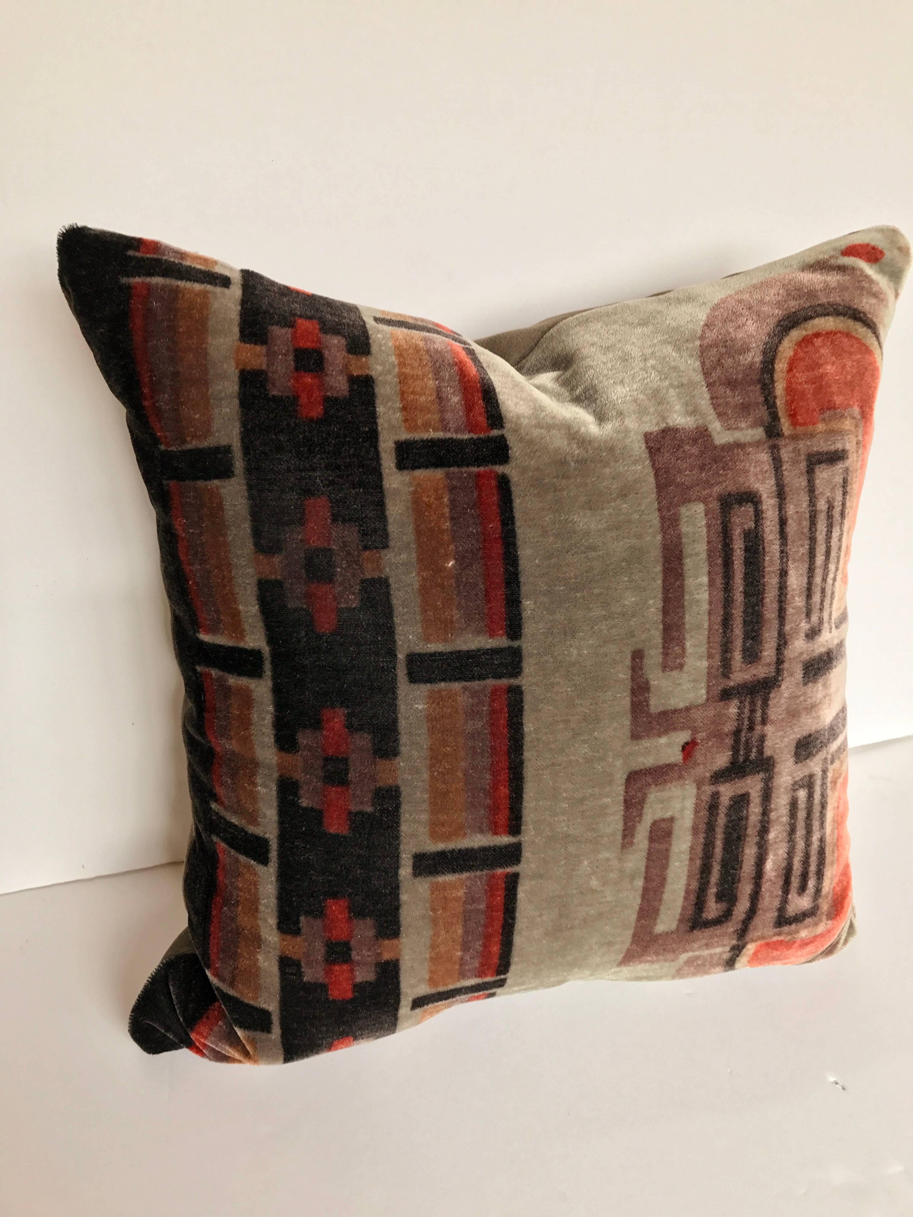 Custom pillow cut from a vintage Amsterdam School textile from the Netherlands, circa 1915-1927. The rare silk mohair textile is hand blocked with an Art Deco design. Pillow is backed in velvet, filled with an insert of 50/50 down and feathers and