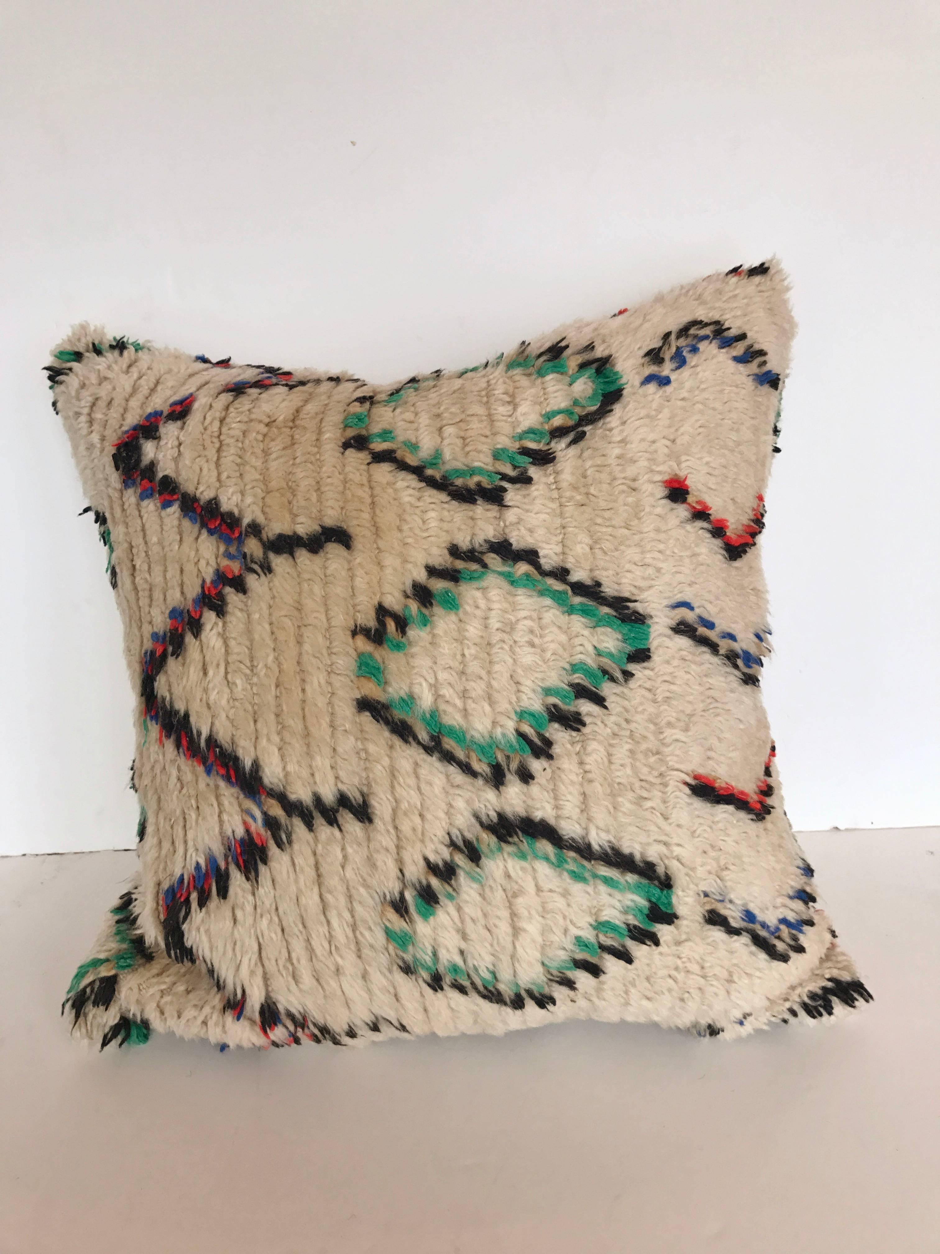 Custom Pillow Cut from a Vintage Hand Loomed Wool Moroccan Beni Ouarain Rug In Excellent Condition In Glen Ellyn, IL