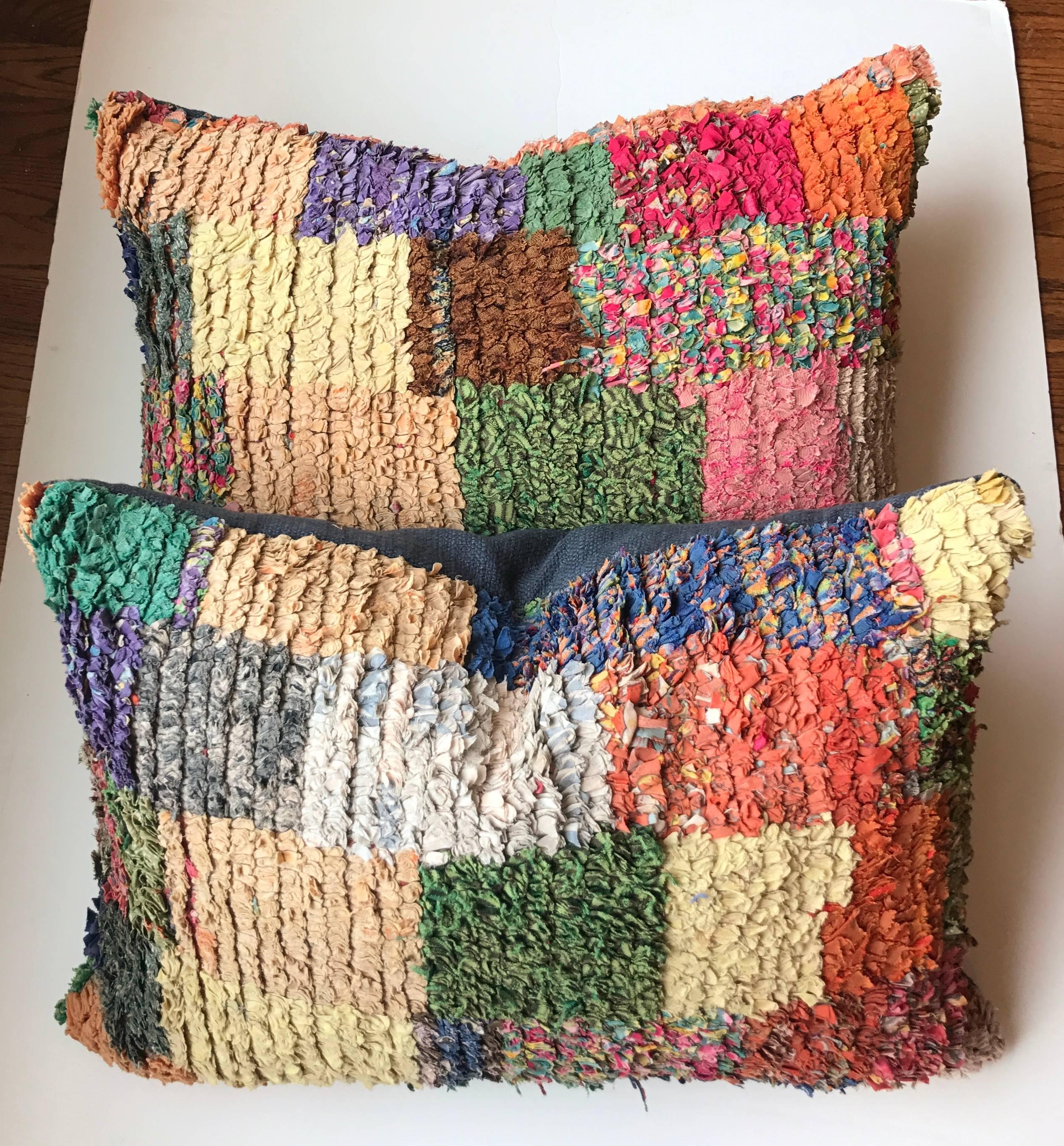 Custom Pillow Cut from a Hand-Loomed Moroccan Boucherouite Berber Rug In Good Condition In Glen Ellyn, IL