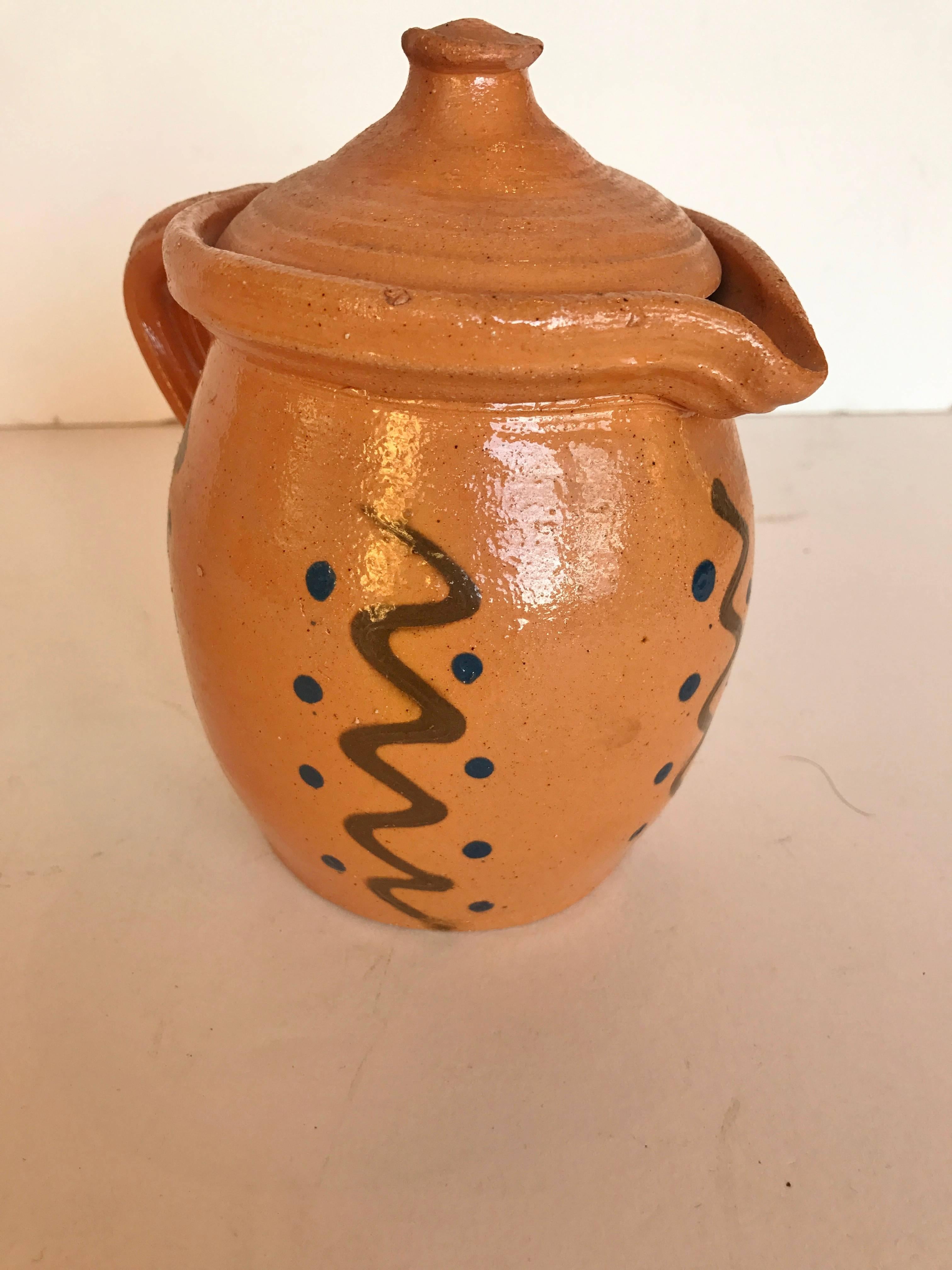 Vintage French Alsace Pottery Pitcher with Lid In Excellent Condition In Glen Ellyn, IL