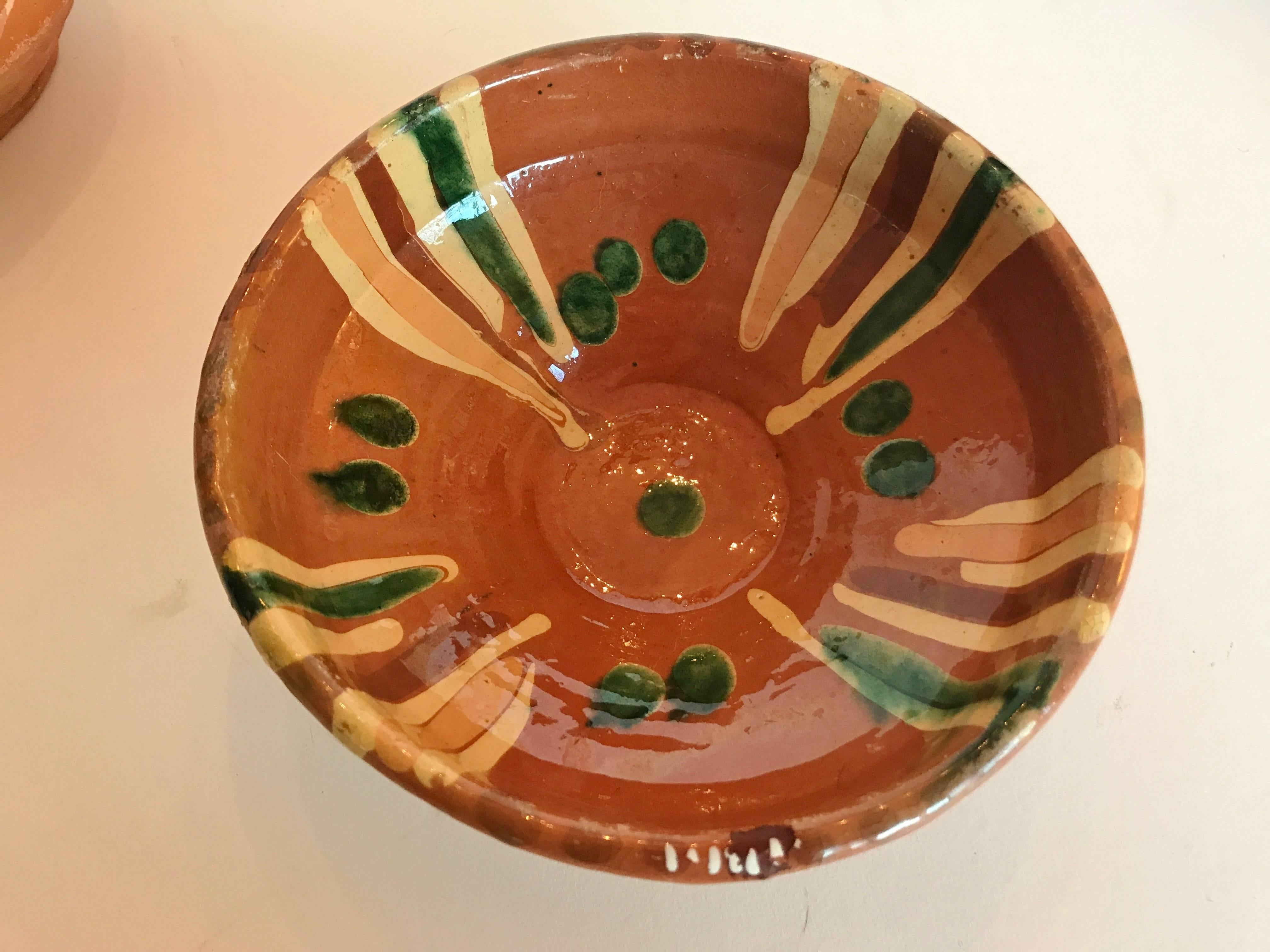 Romanian Transylvania Vintage Pottery, Hand-Painted Redware Bowls, Folk Art For Sale