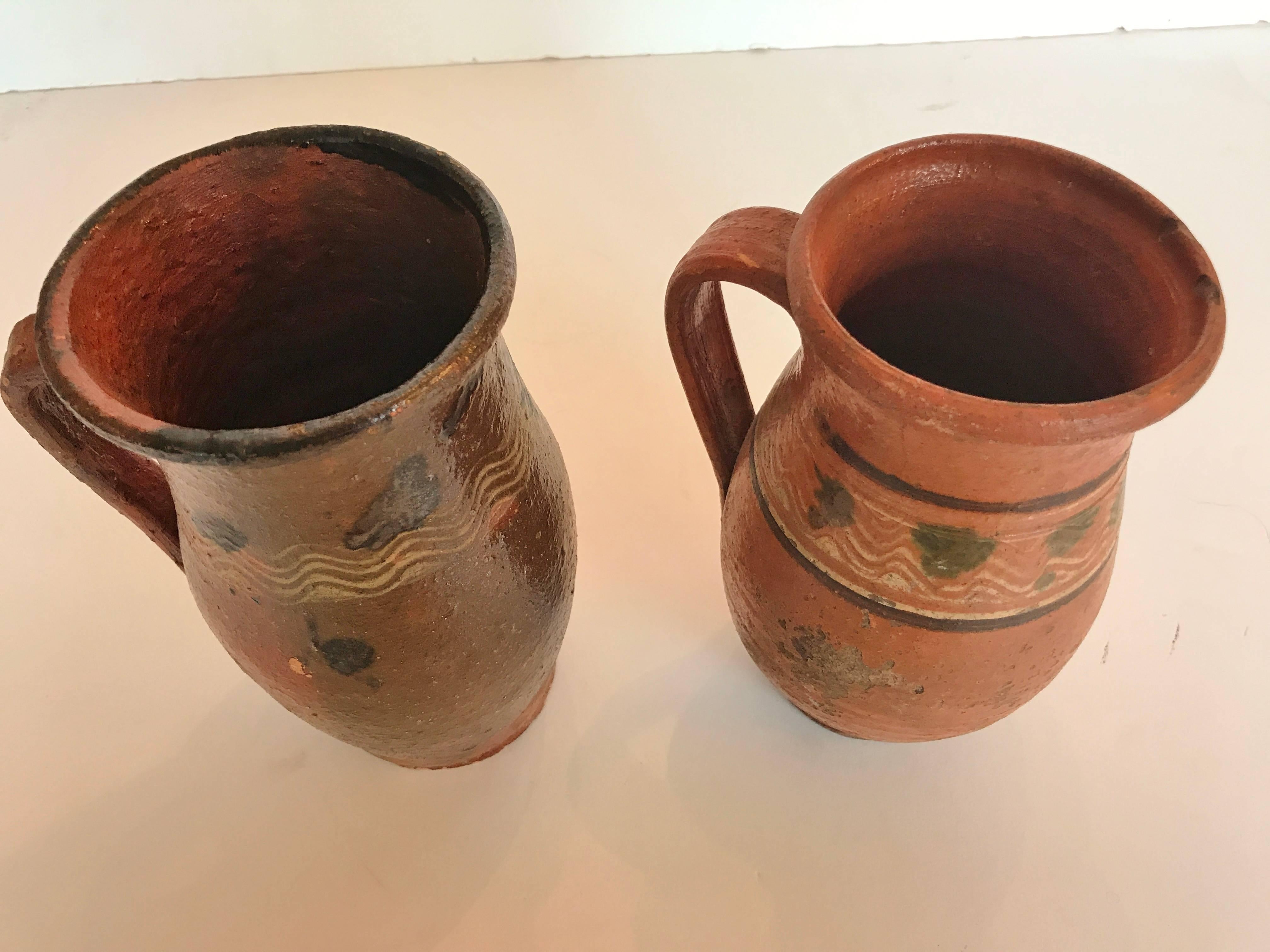 20th Century Vintage Transylvania Redware Pottery Pitchers, Romania, Hand-Painted, Folk Art For Sale