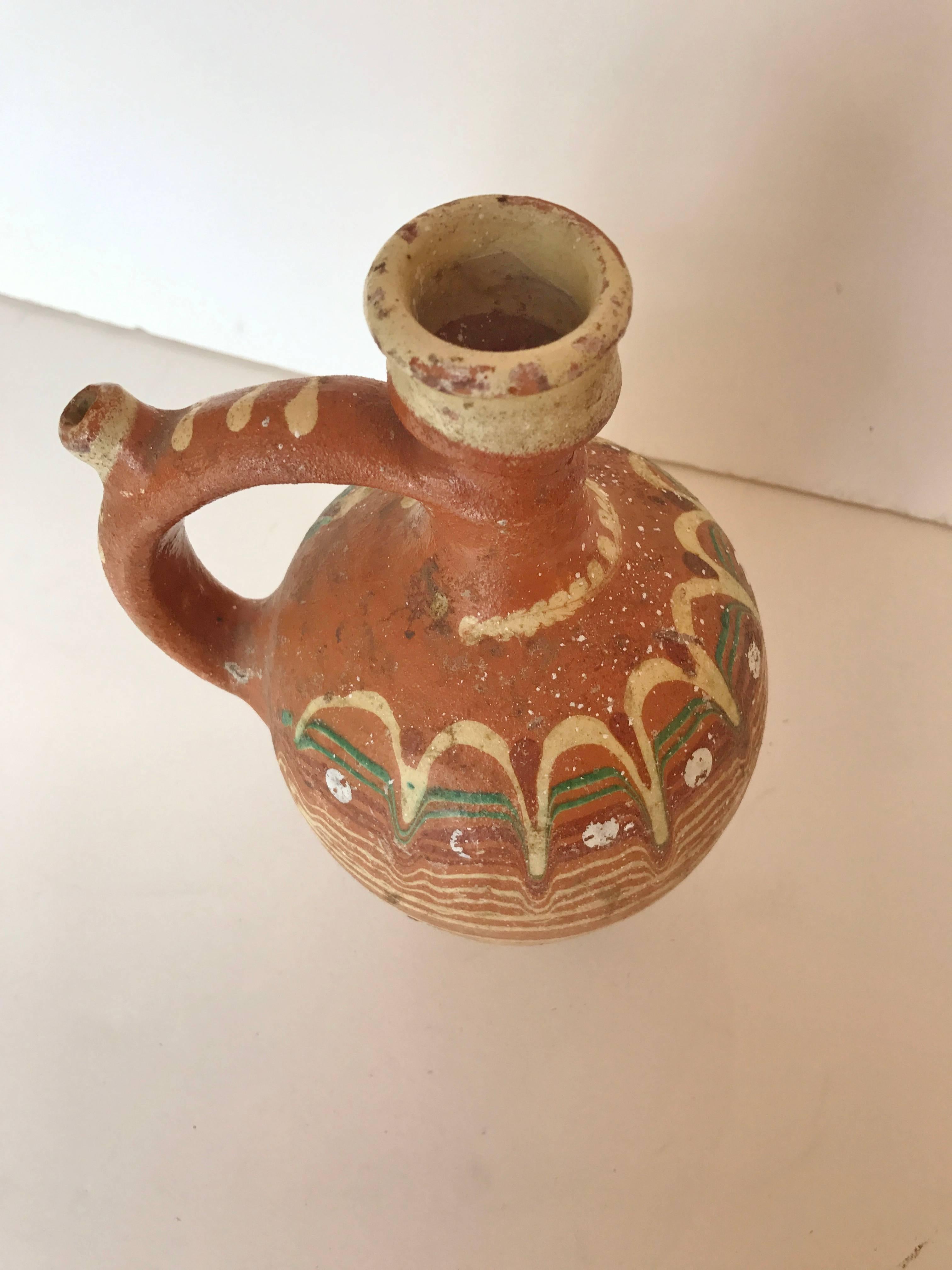 Transylvania Vintage Hand Painted Redware Carafe,  Folk Art Pottery, Romania In Good Condition In Glen Ellyn, IL