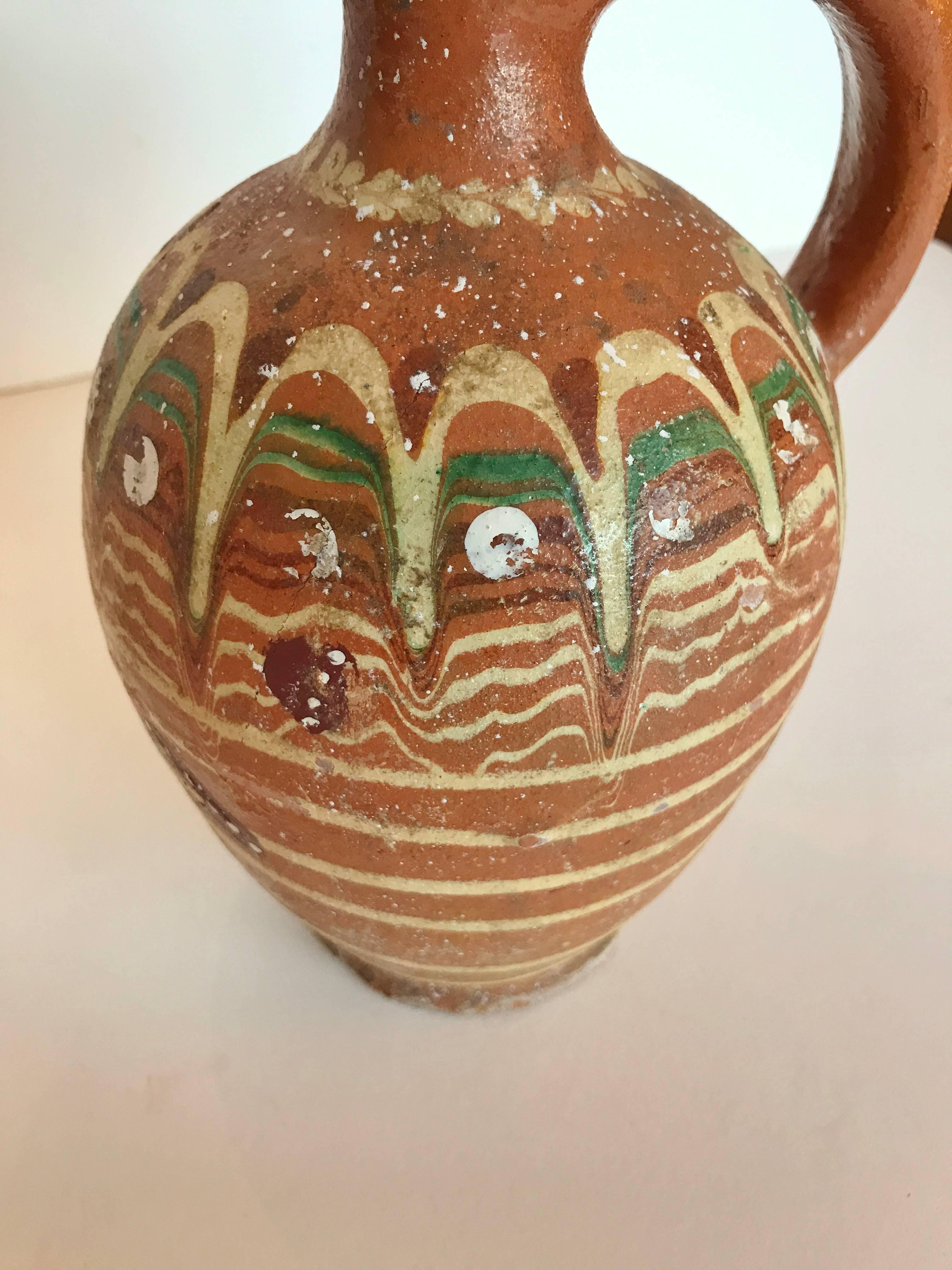 20th Century Transylvania Vintage Hand Painted Redware Carafe,  Folk Art Pottery, Romania