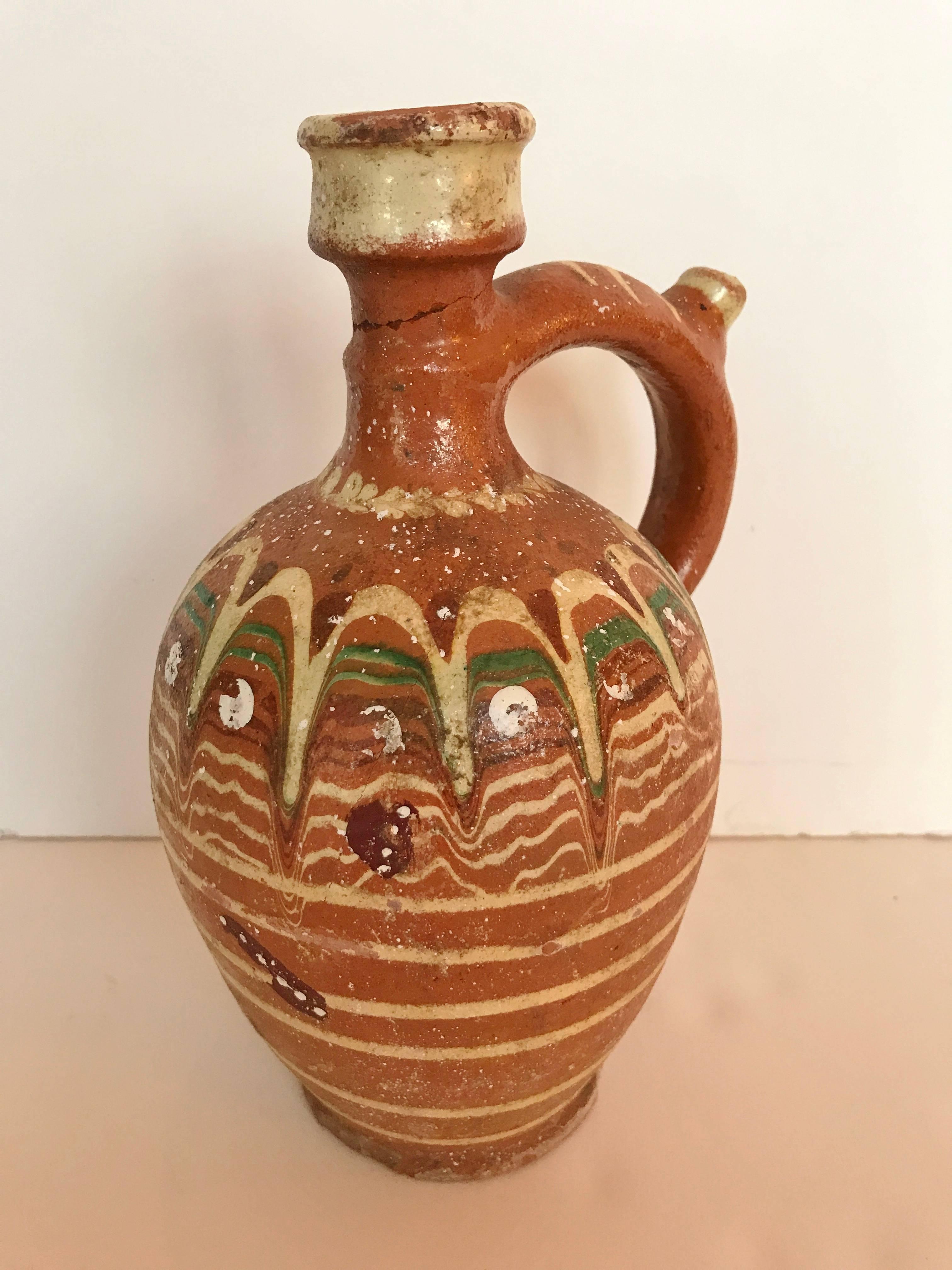 Transylvania Vintage Hand Painted Redware Carafe,  Folk Art Pottery, Romania 1