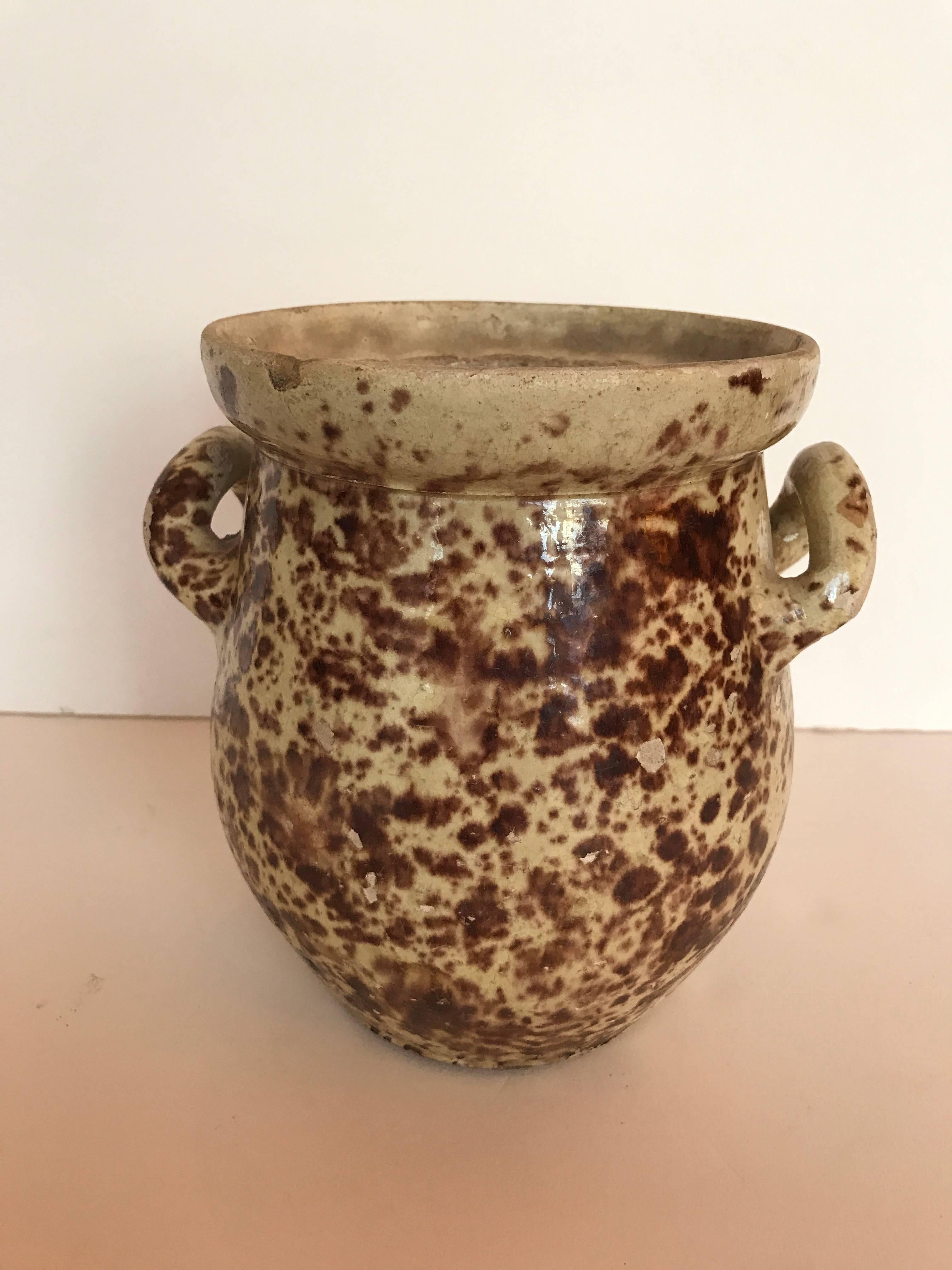 French Alsace antique pot with handles.  A wonderful folk art pottery example.  One of a kind for your collection.  Minimal flaking on handles, along top rim and small flakes on body of pot but nothing too disturbing for the age of the piece. 