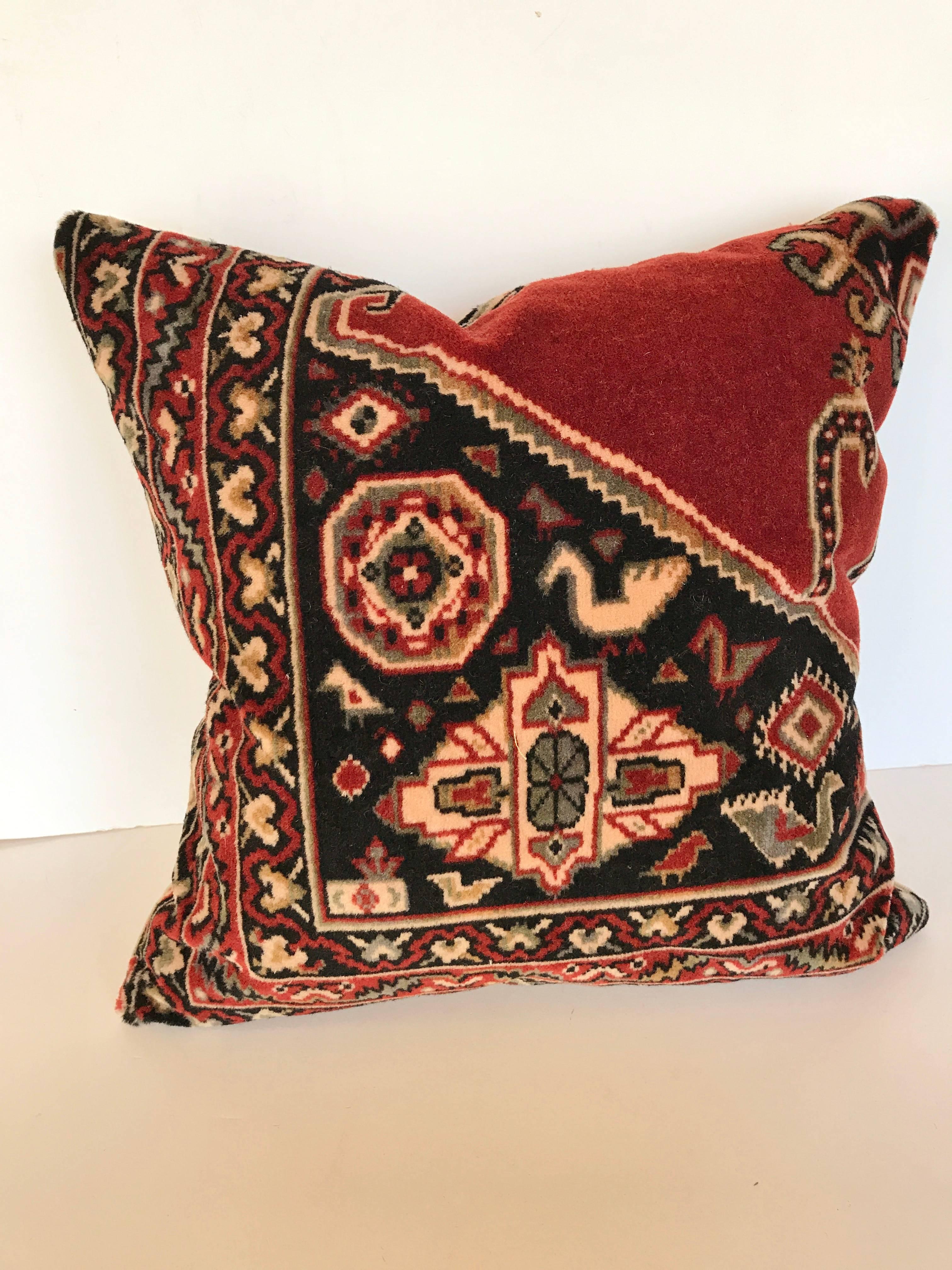 Custom pillows cut from a vintage wool mohair cloth from the Netherlands.  It has a soft hand and the pattern resembles an oriental rug.  The textile was used over the dining table during the winter months and covered with a white linen cloth while