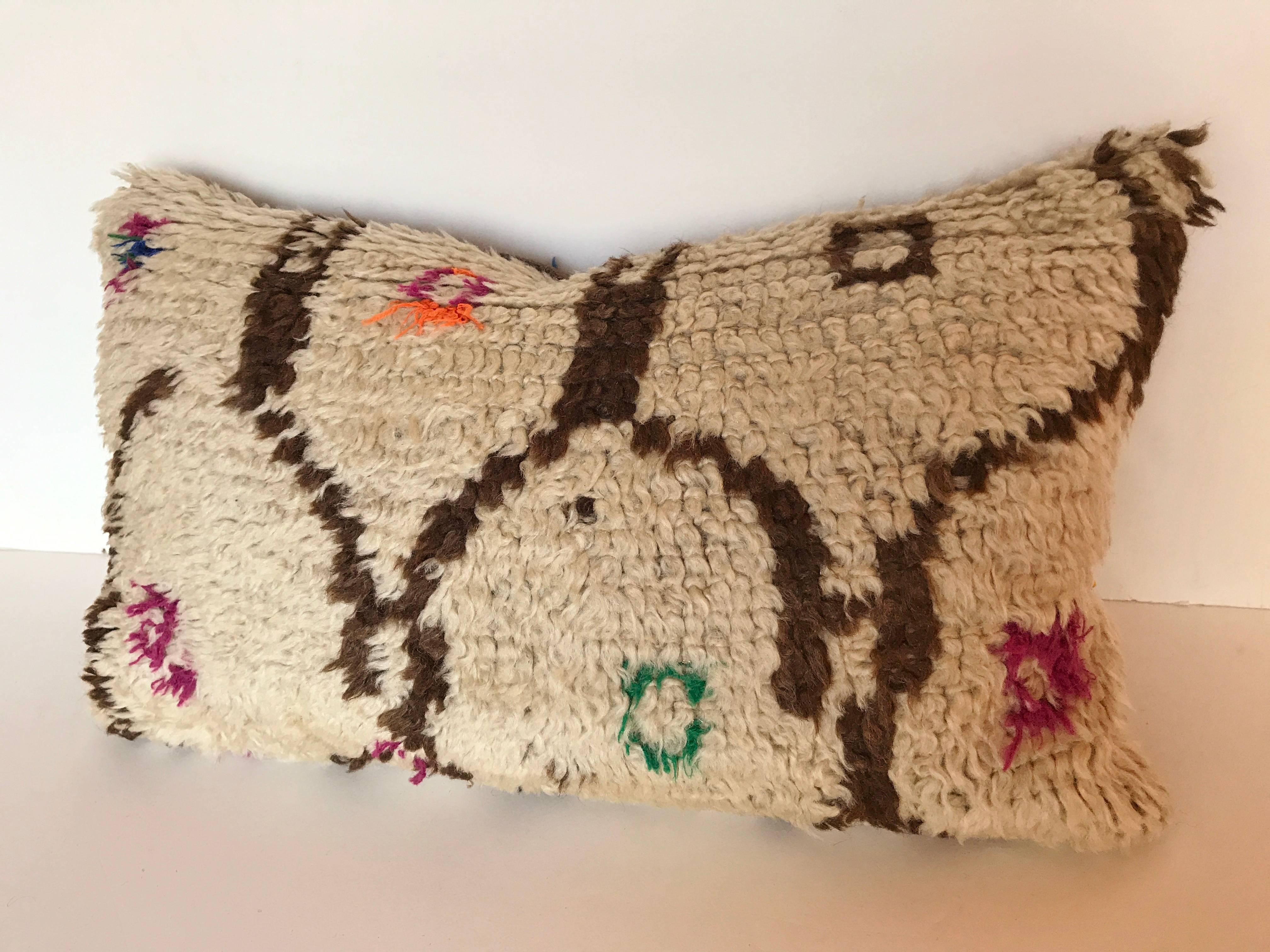 20th Century Custom Pillow cut from a Vintage Moroccan Hand Loomed Wool Azilal Berber Rug For Sale