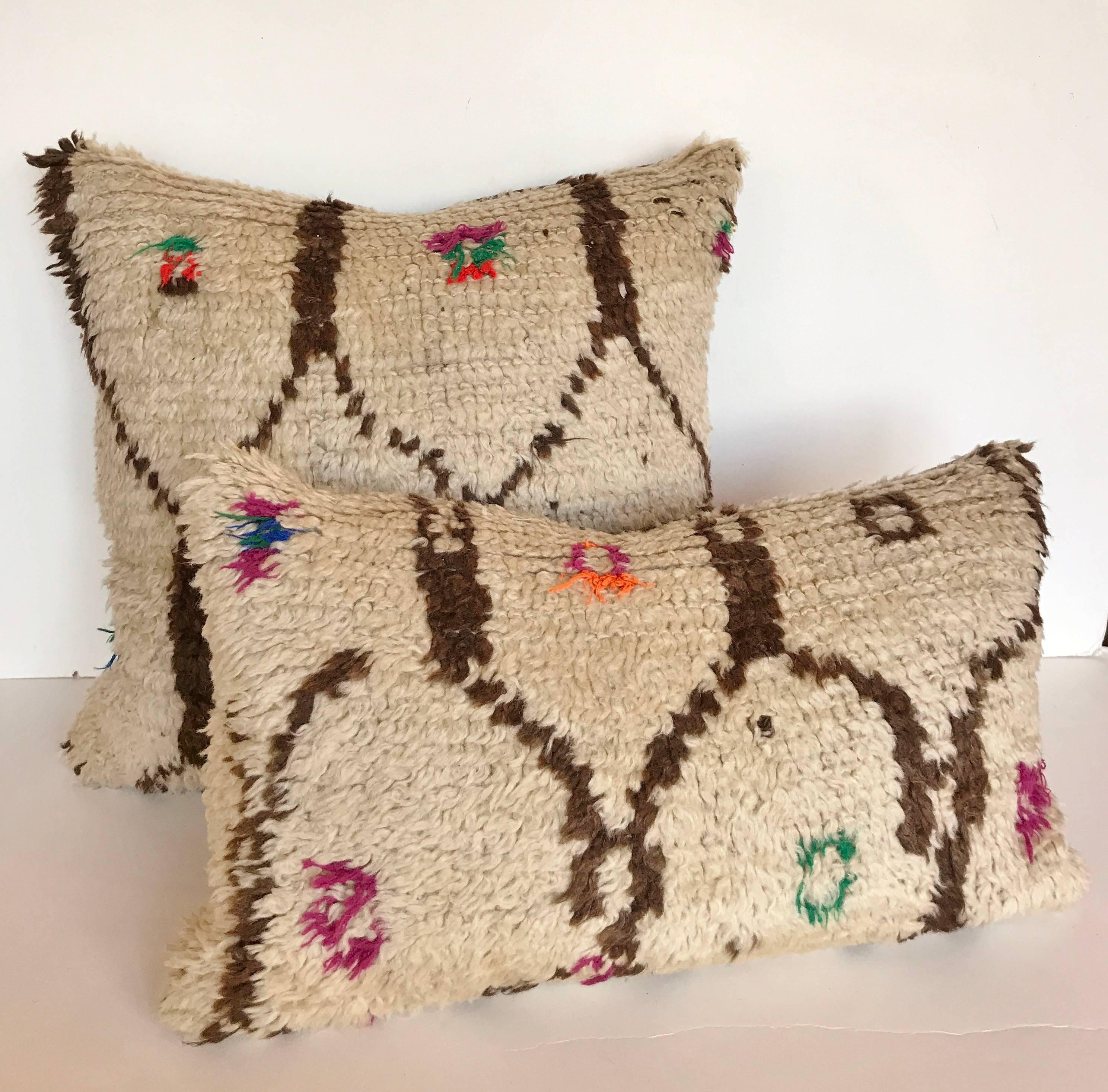 Custom Pillow cut from a Vintage Moroccan Hand Loomed Wool Azilal Berber Rug For Sale 1