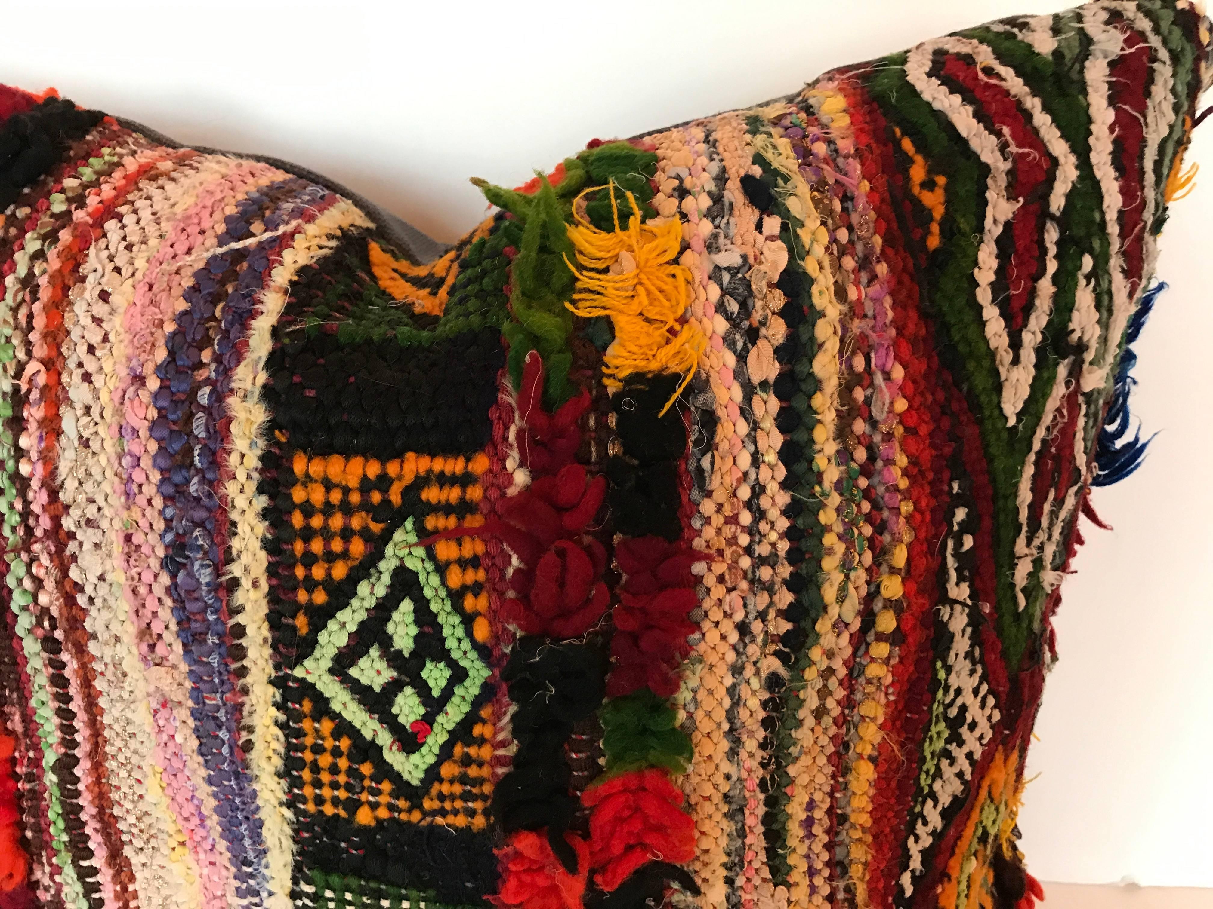 Custom Moroccan Pillow cut from a Vintage Hand Loomed Boucherouite Rug For Sale 1