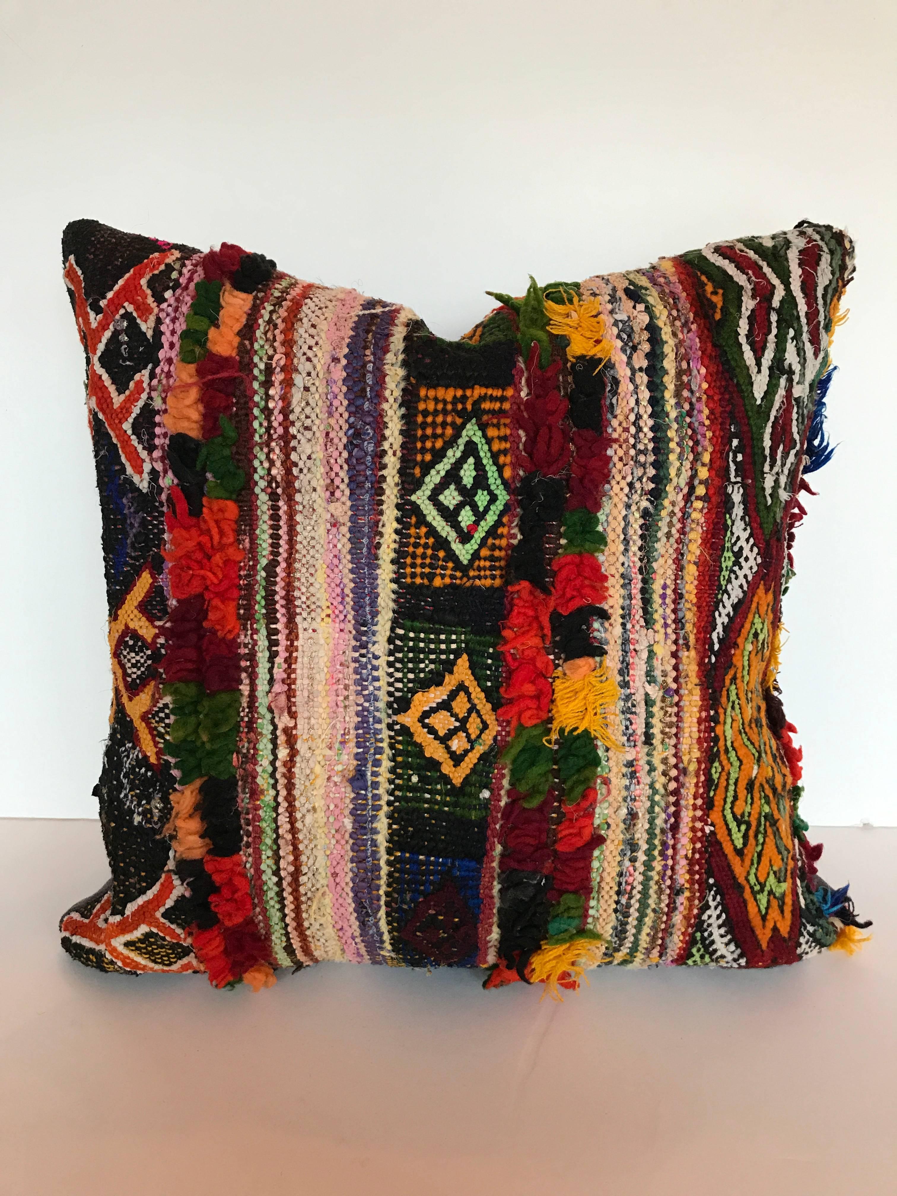 Custom Moroccan Pillow cut from a Vintage Hand Loomed Boucherouite Rug In Excellent Condition For Sale In Glen Ellyn, IL