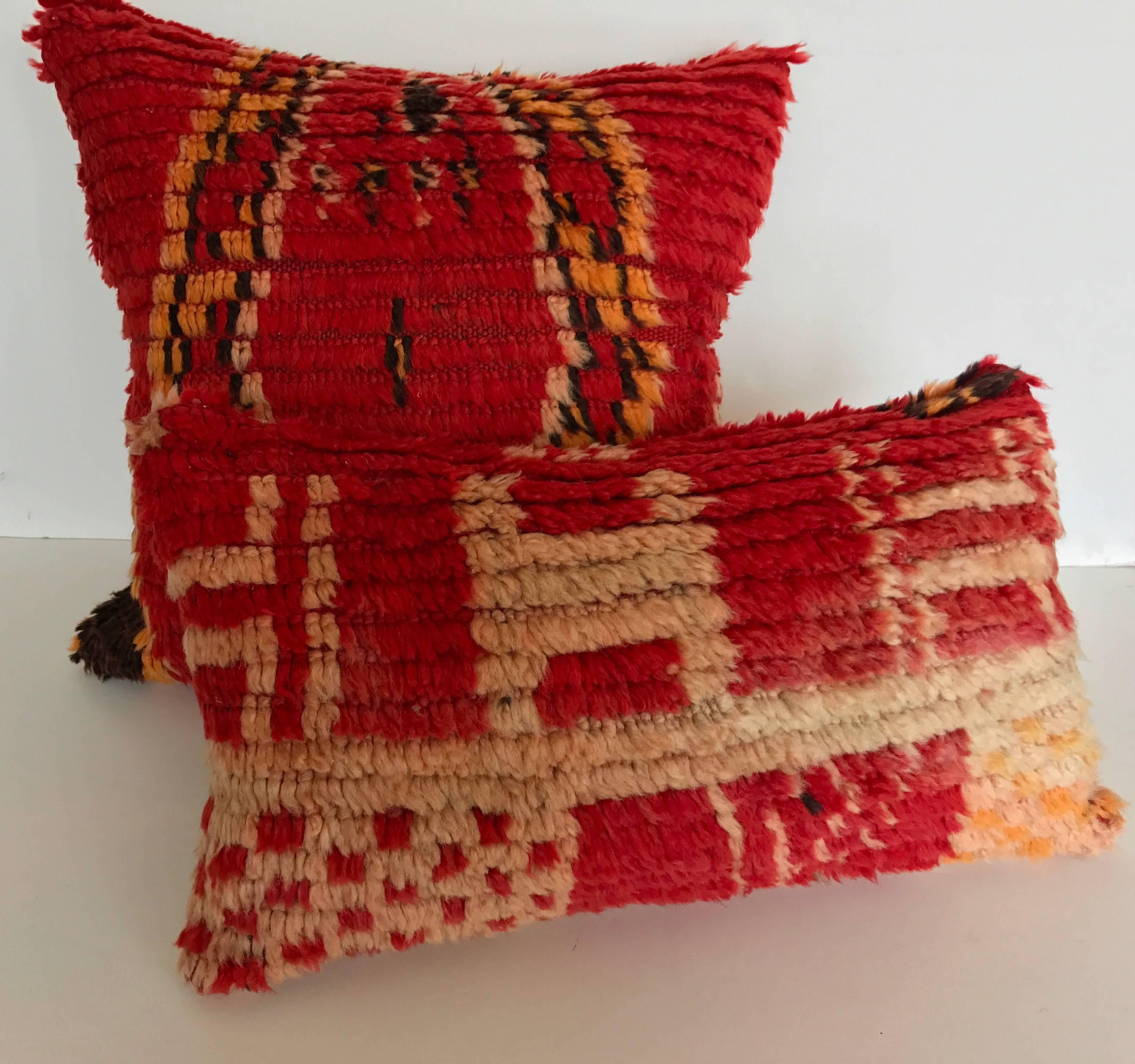 Hand-Knotted Custom Moroccan Pillow cut from a Vintage Hand Loomed Wool Berber Rug For Sale