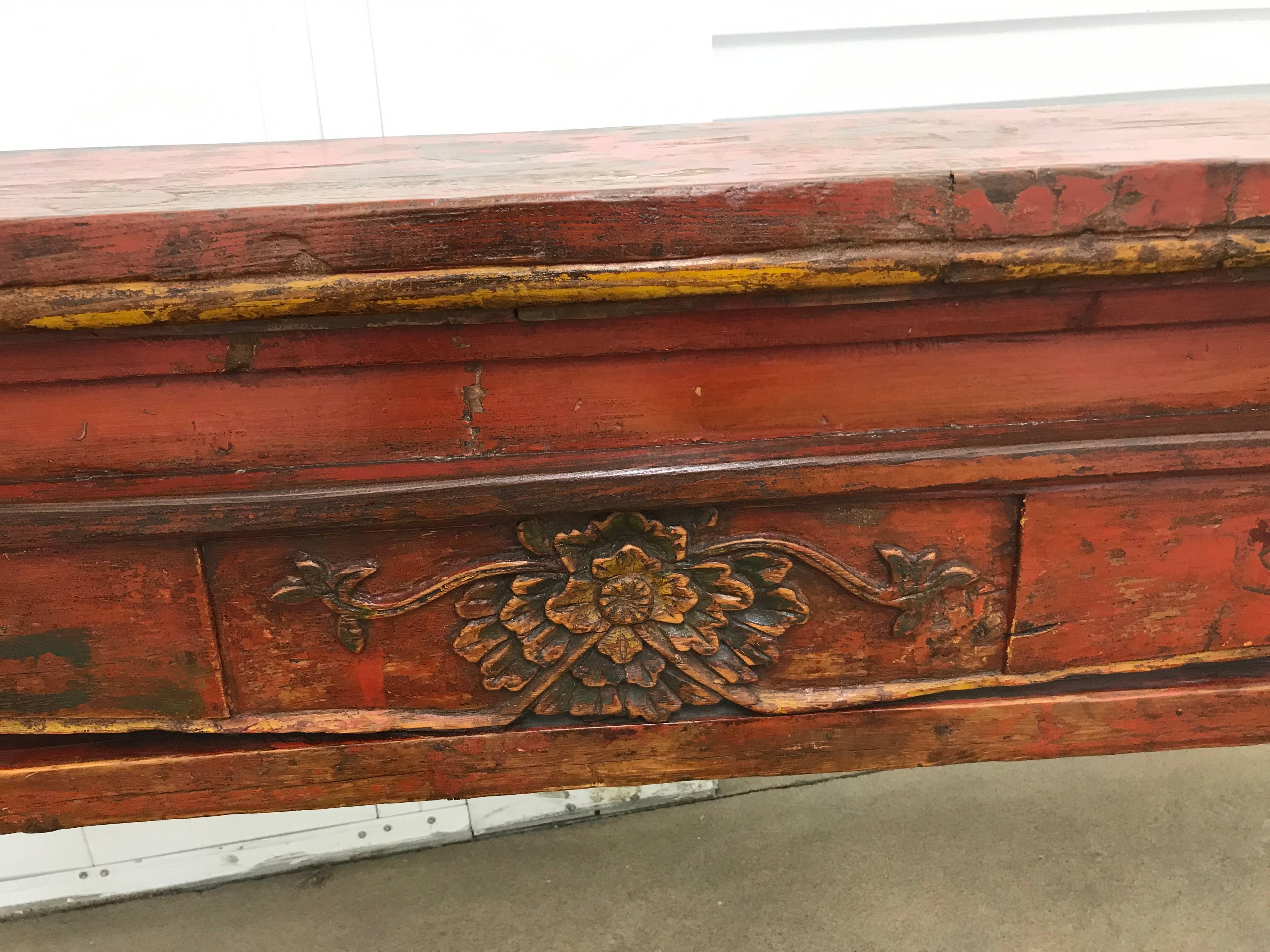 Antique Chinese Altar table with original color.  Imported directly from Beijing China.  Hand carved center medallion and spandrels.   Table height at ends, 35