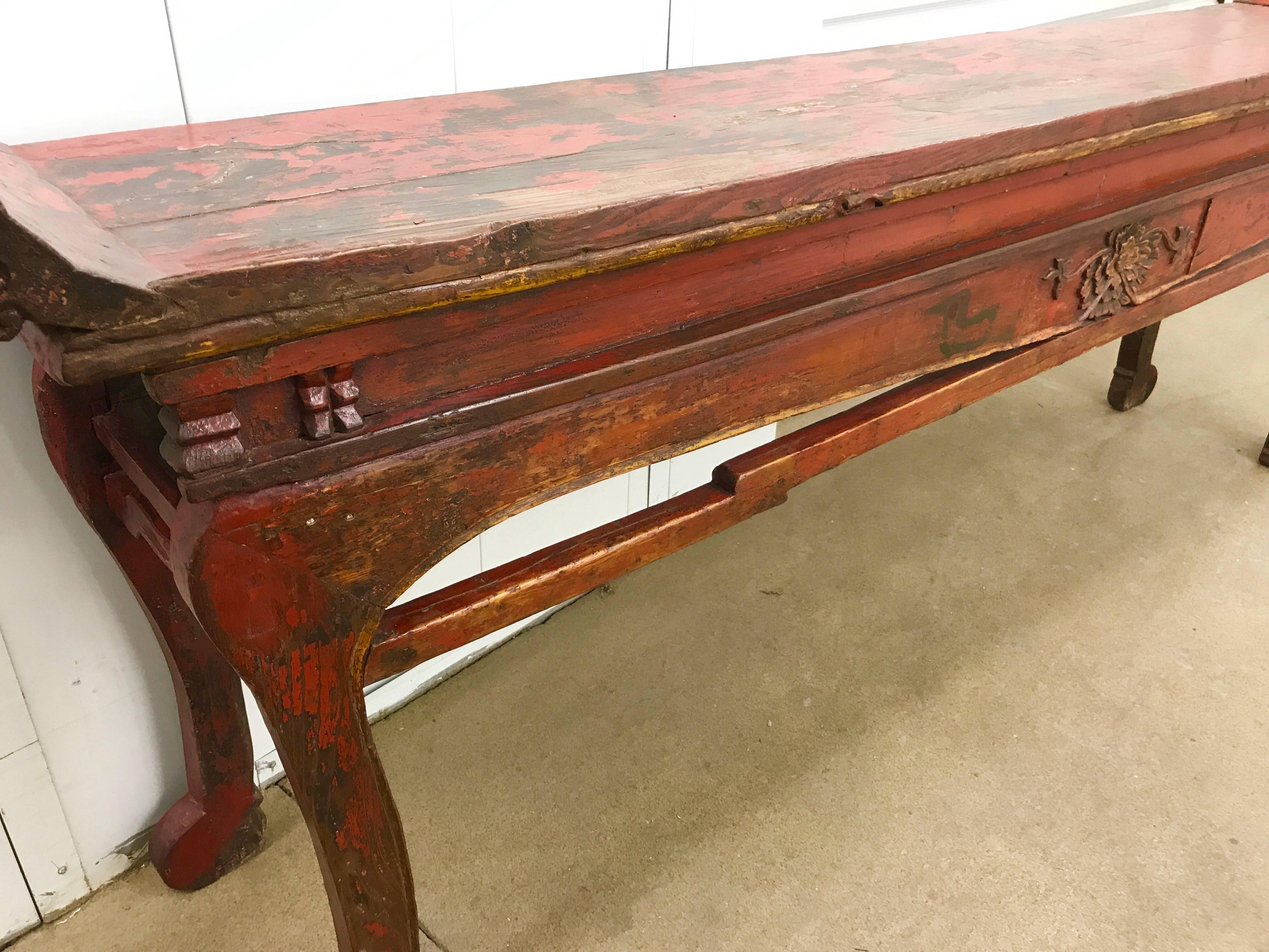 Lacquered Antique Chinese Elmwood Altar Table For Sale