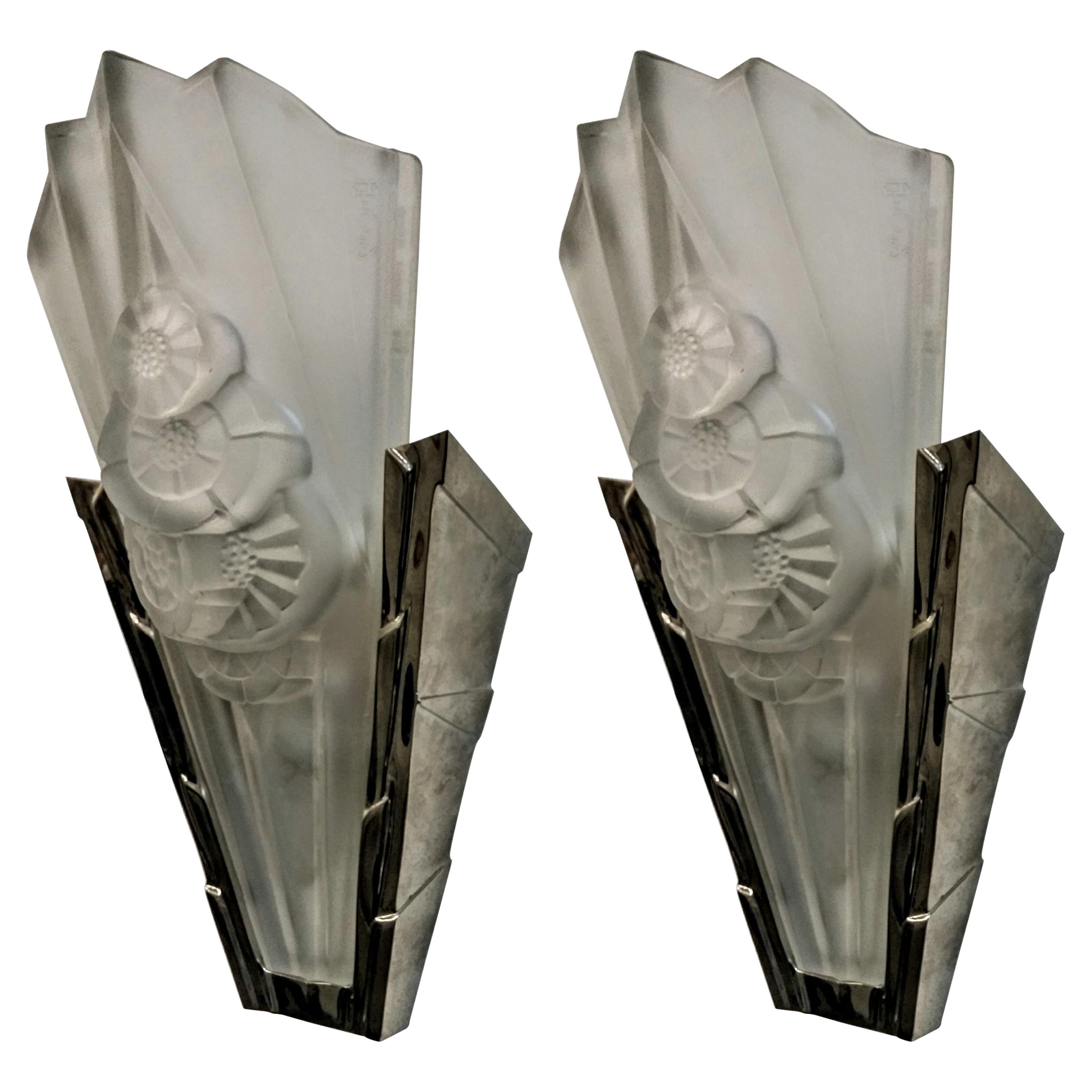 Pair of French Art Deco Wall Sconces signed by Degue For Sale