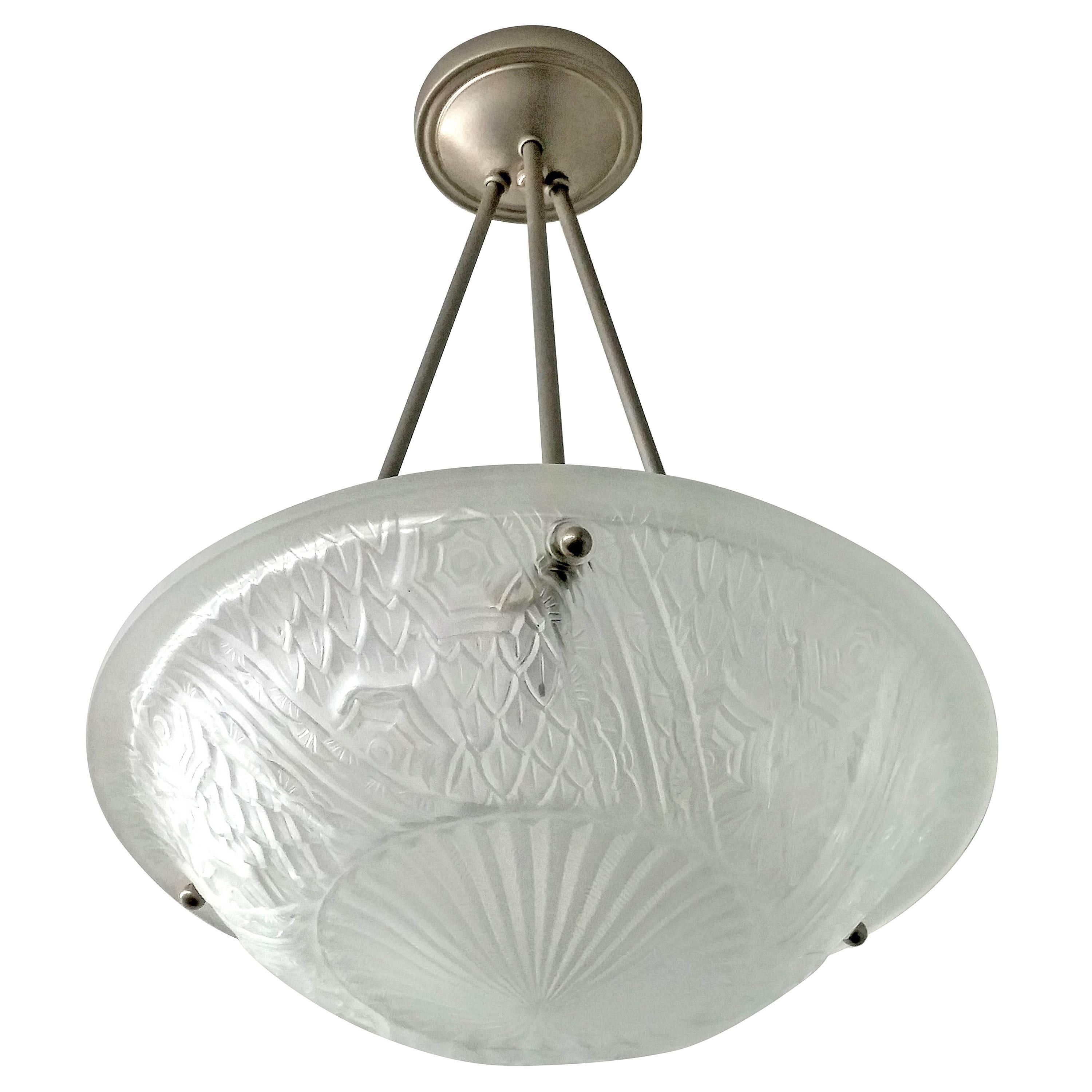 French Art Deco Pendant Chandelier by Schneider PAIR AVAILABLE For Sale