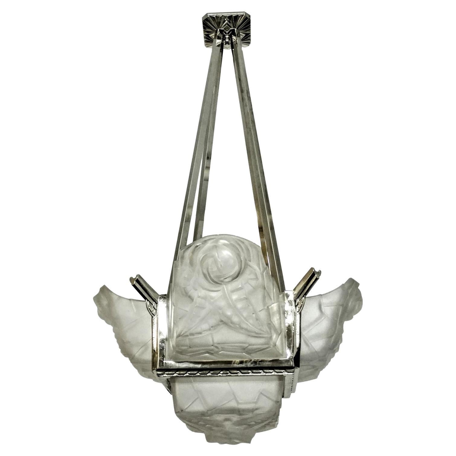 French Art Deco Pendant Chandelier Signed by Degue For Sale