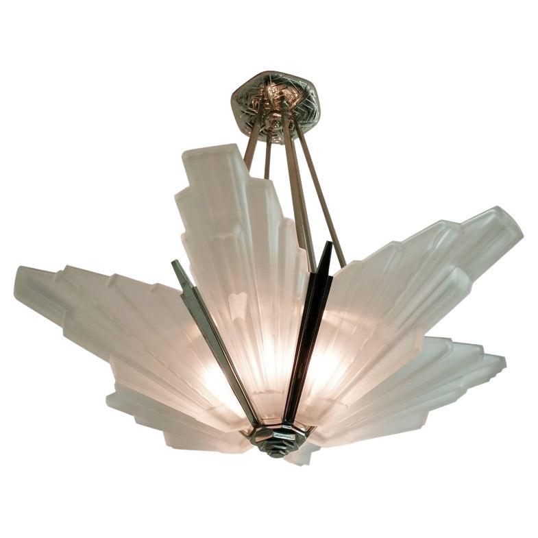 French Art Deco Geometric Six-Panel Chandelier by Sabino For Sale