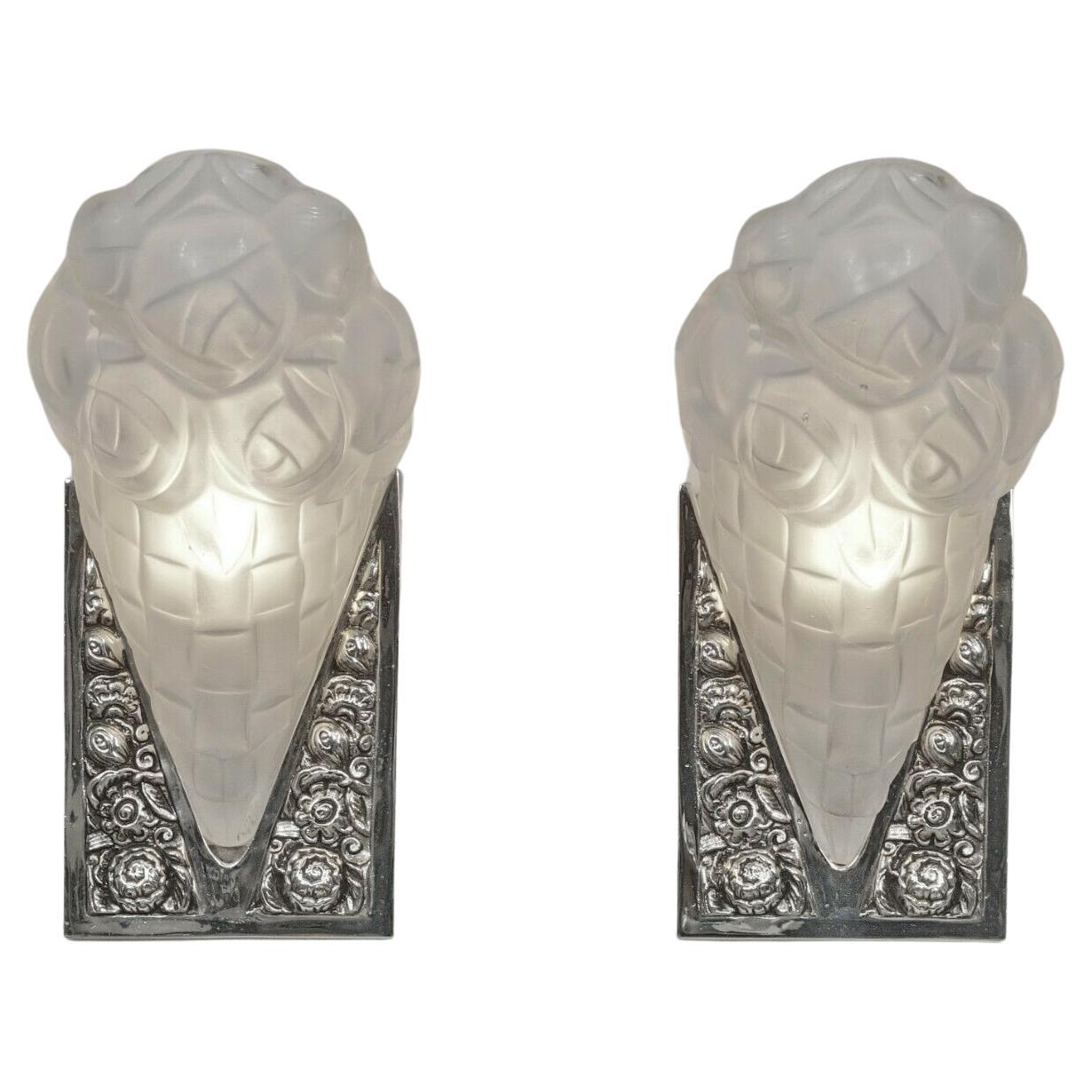 Pair of French Art Deco Wall Sconces Signed by Degue For Sale