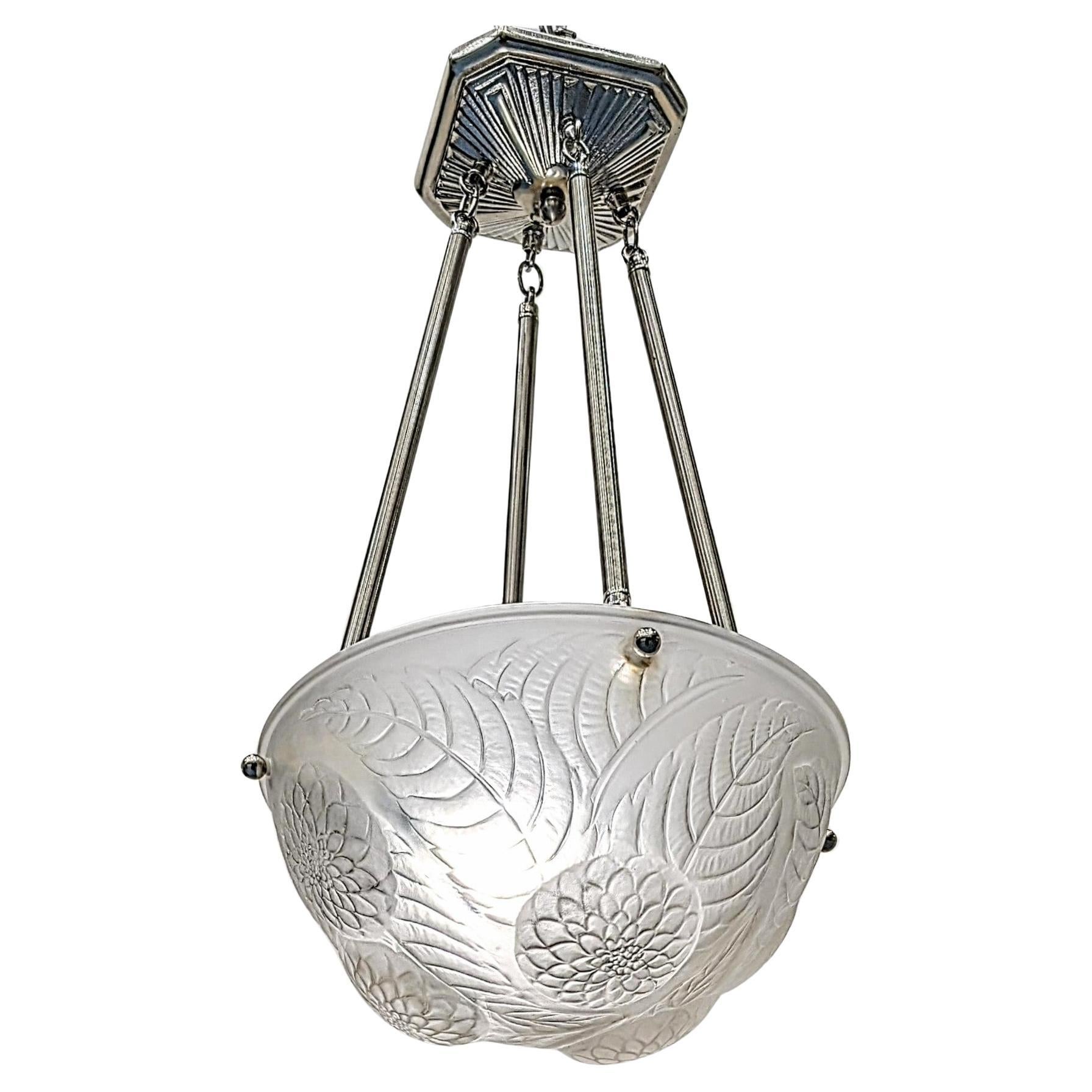 French Art Deco Pendant Chandelier by René Lalique Model Dahlias (pair avaiable)