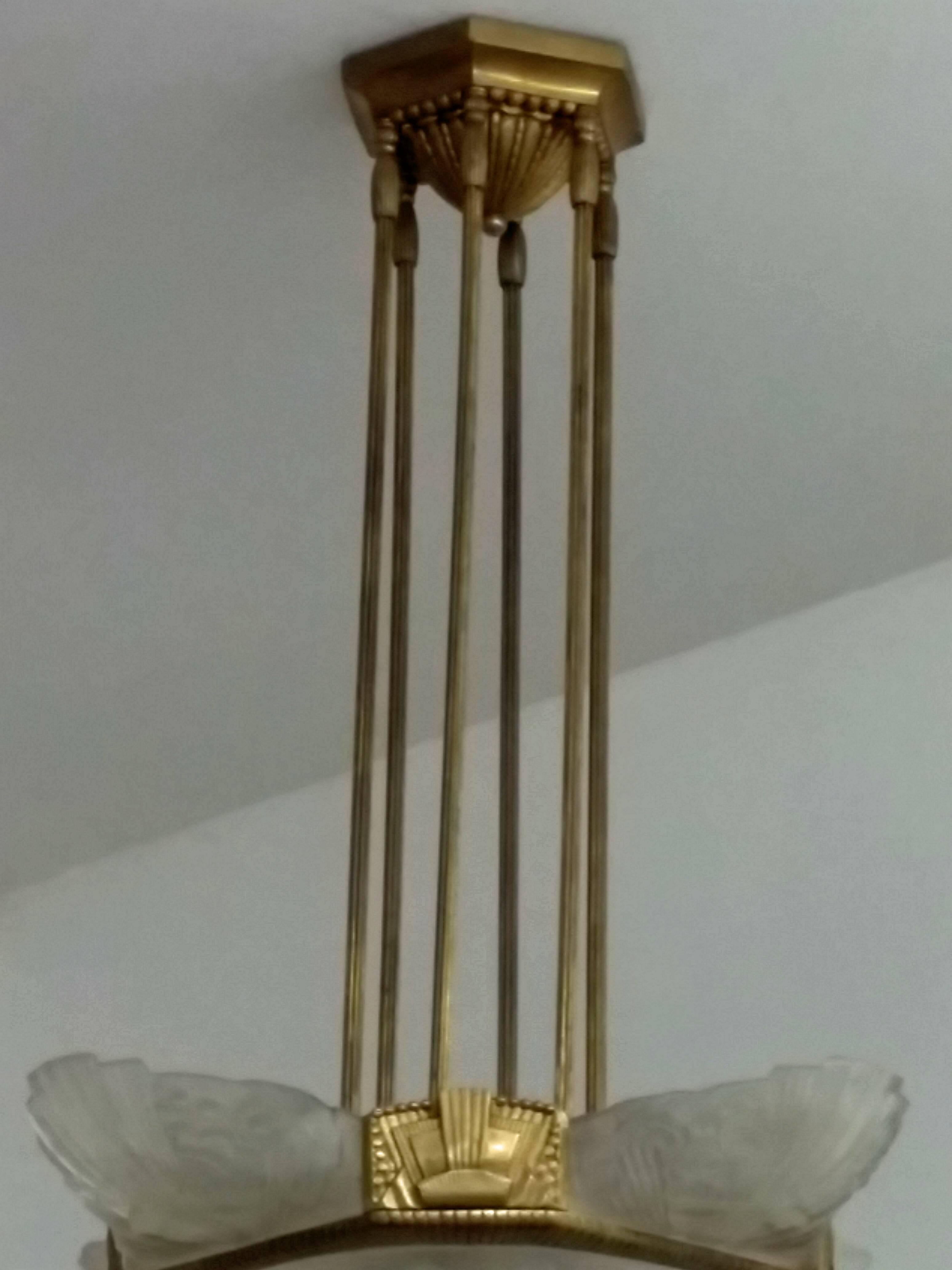 20th Century French Art Deco pandent Chandelier by Georges Leleu (pair available) For Sale