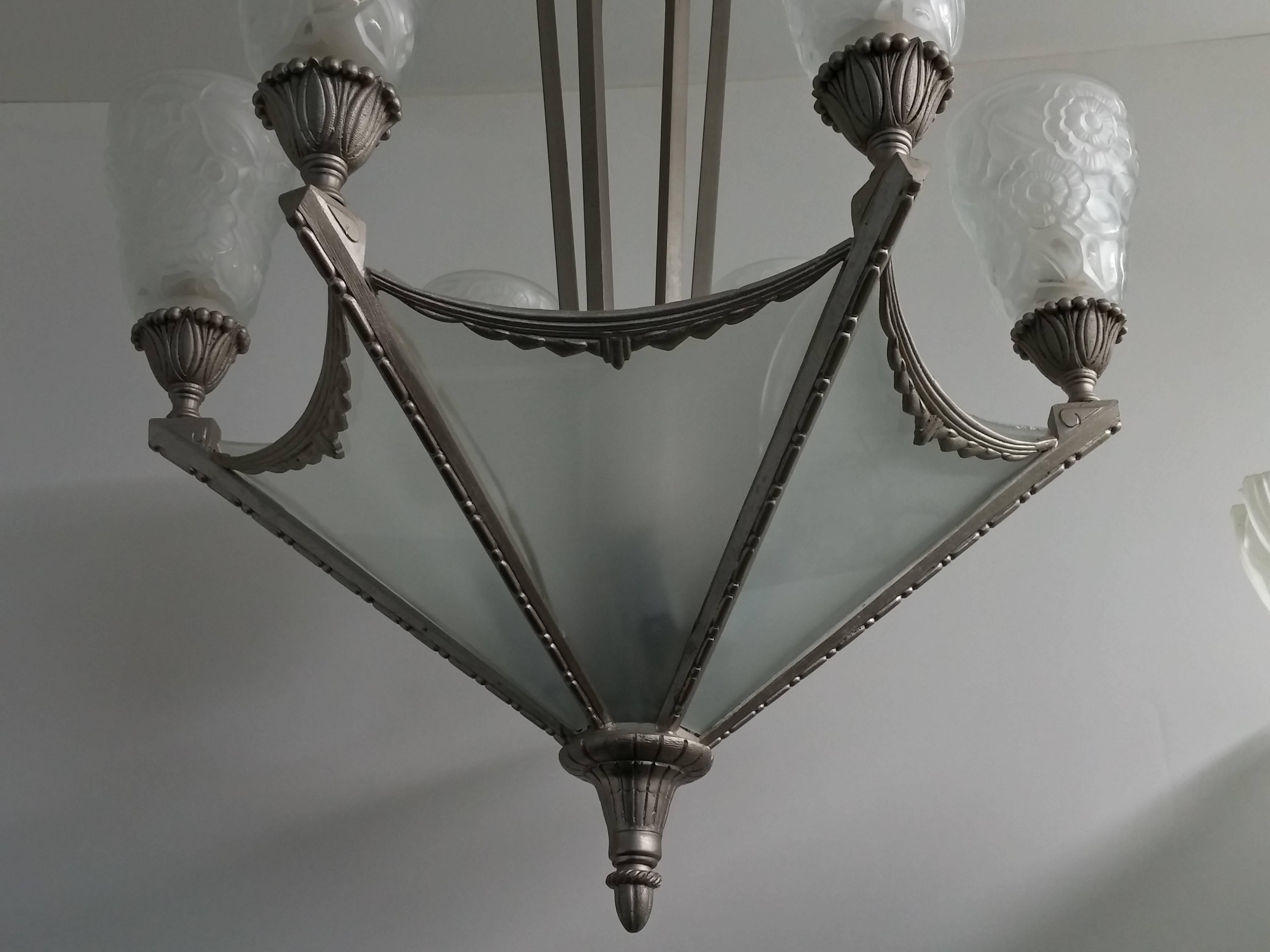 Cast French Art Deco Chandelier by Muller 