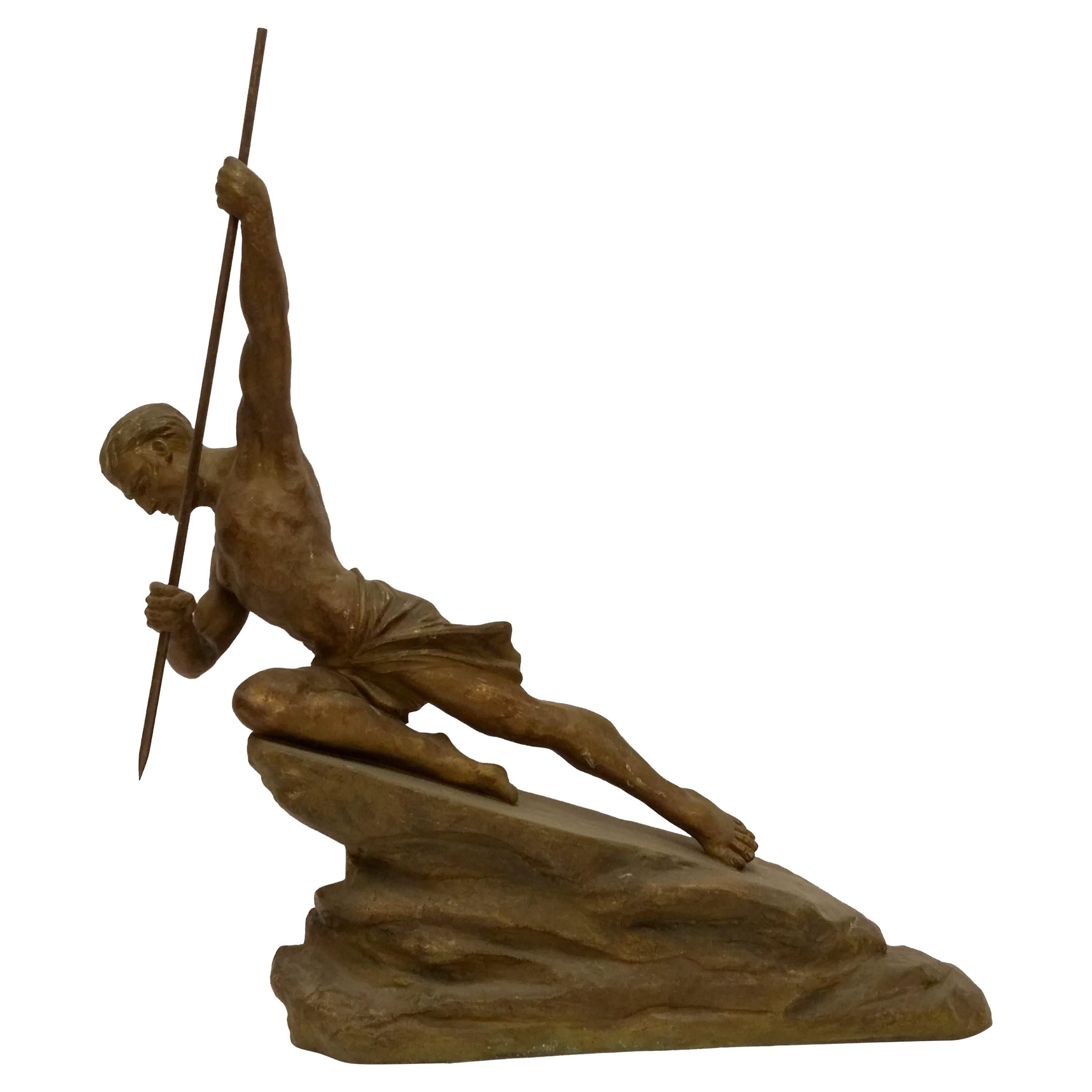 French Art Deco Hunter with a spear Sculpture by R. Varnier For Sale