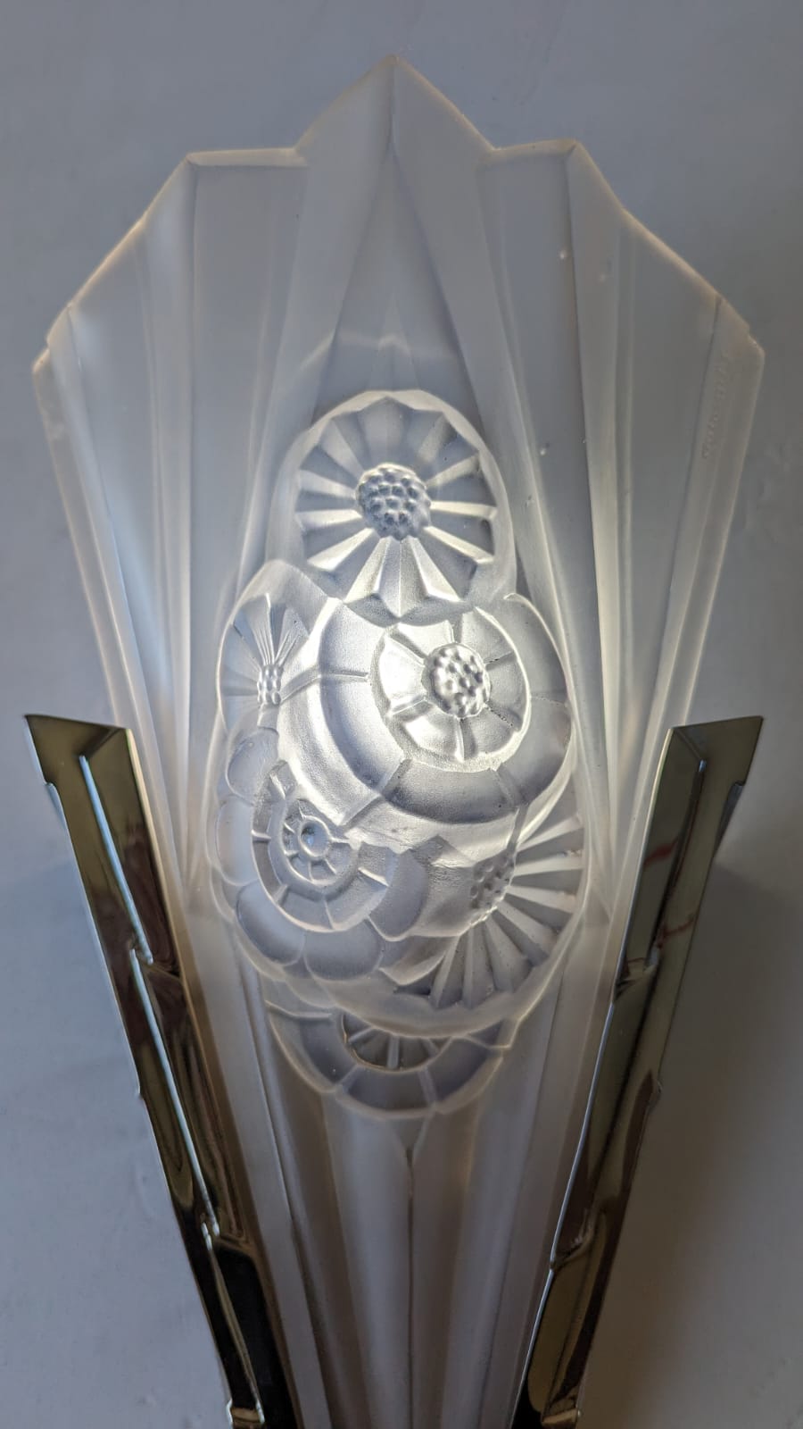Cast Pair of French Art Deco Wall Sconces Signed by Degue For Sale