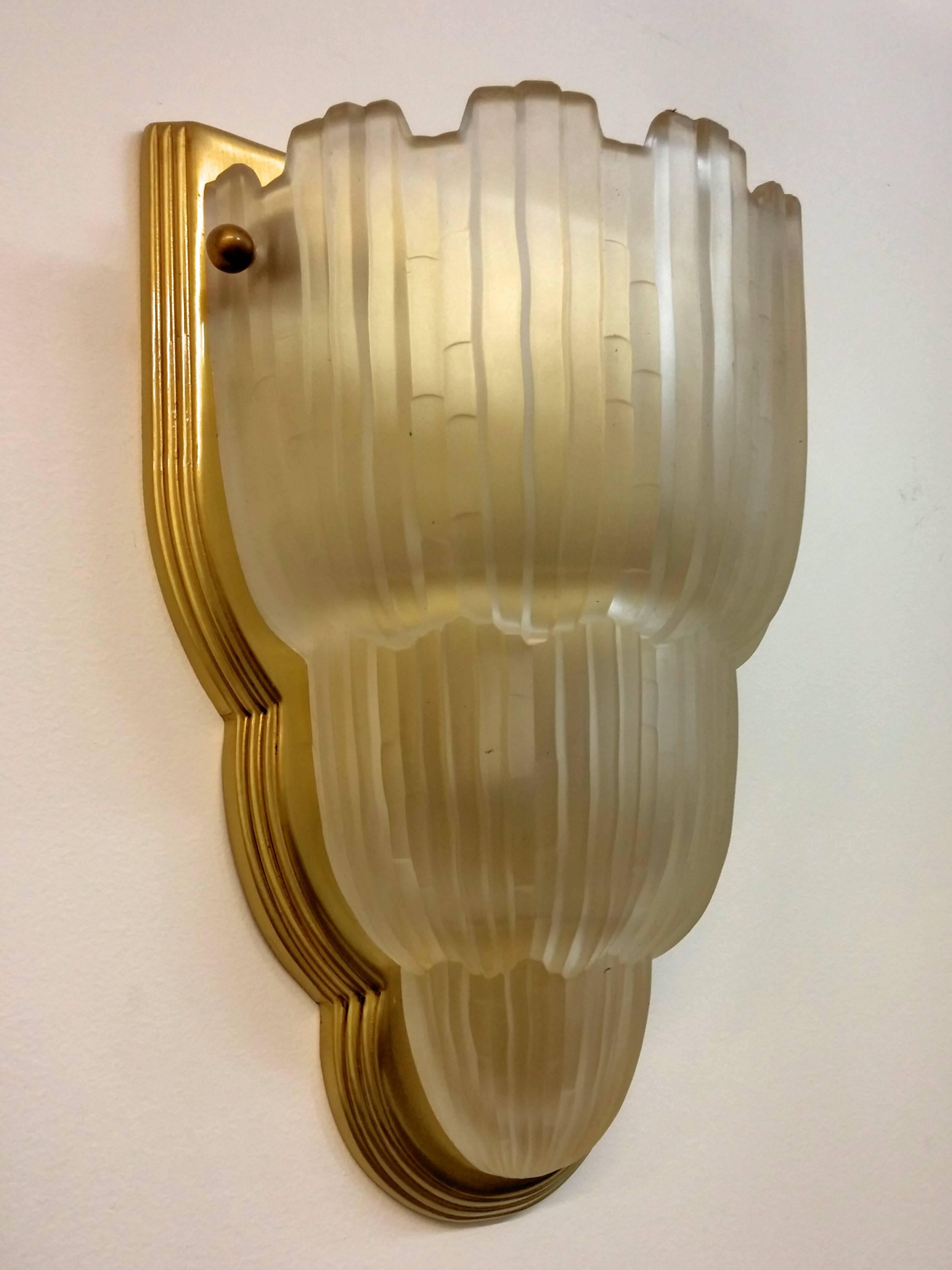 Frosted French Art Deco Wall Sconces by Sabino