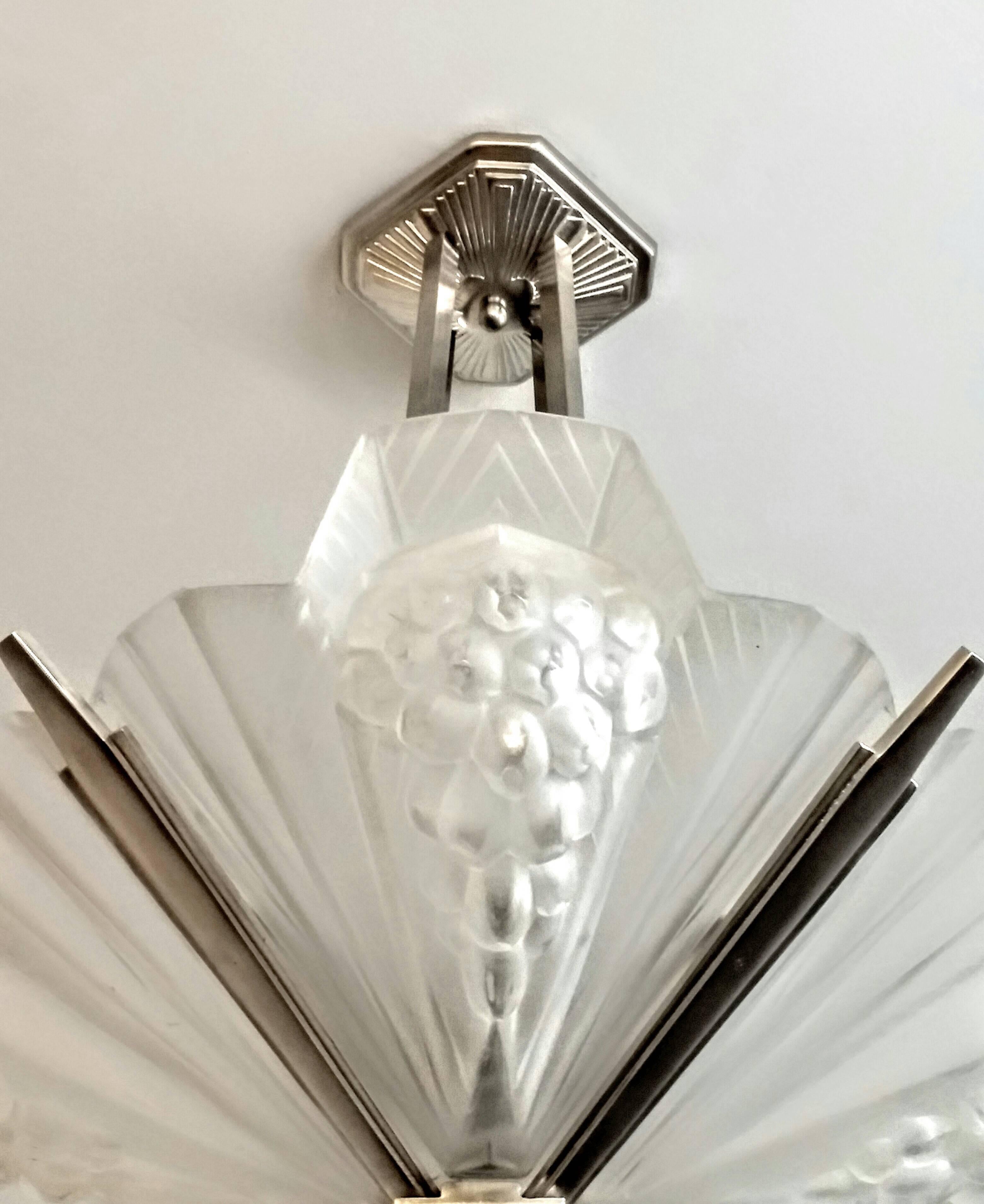 Pressed A French Art Deco Pendant Chandelier signed  by Atelier Petitot (Pair available) For Sale