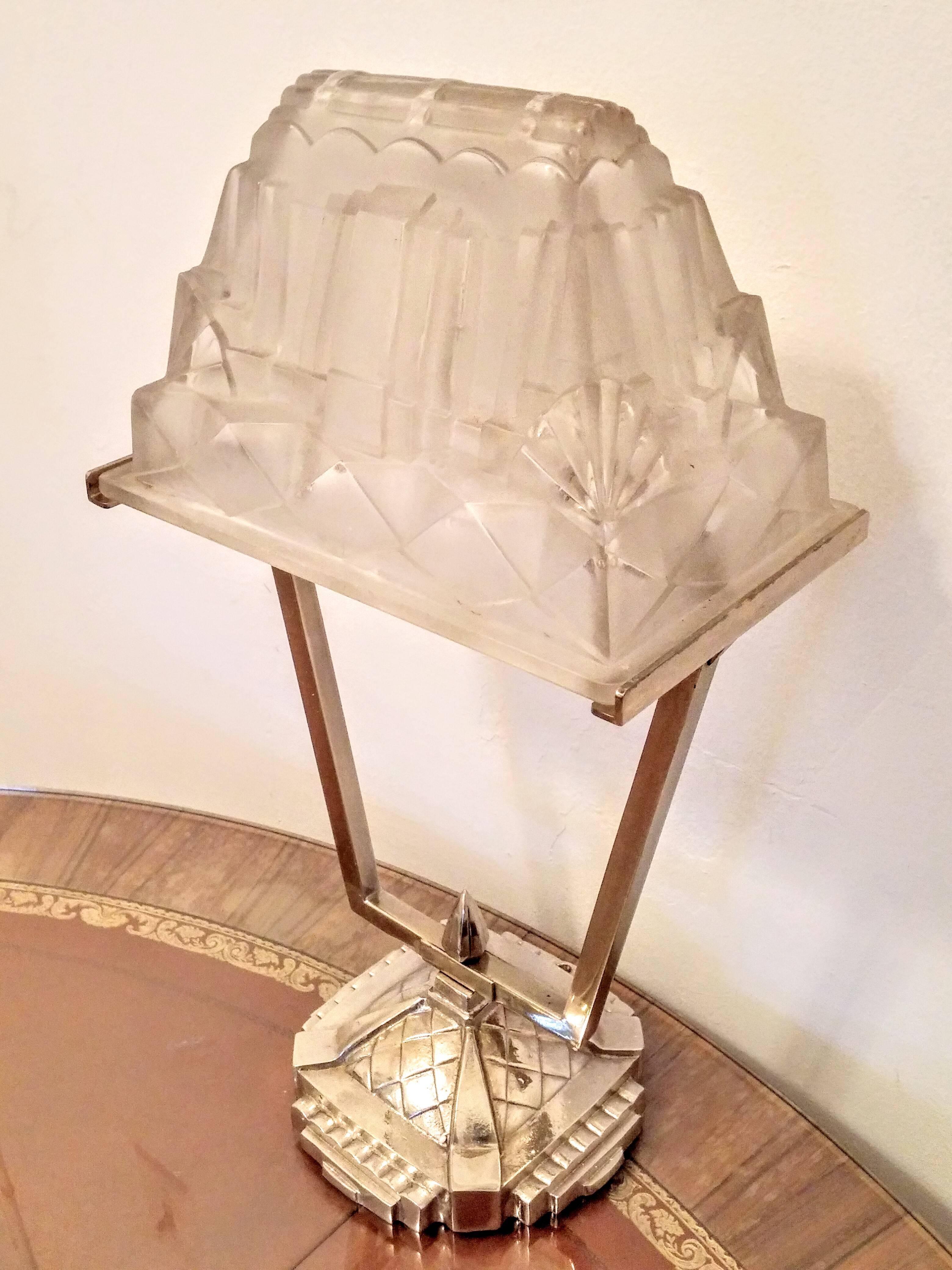 Cast French Art Deco Bronze Table Lamp by Hanots