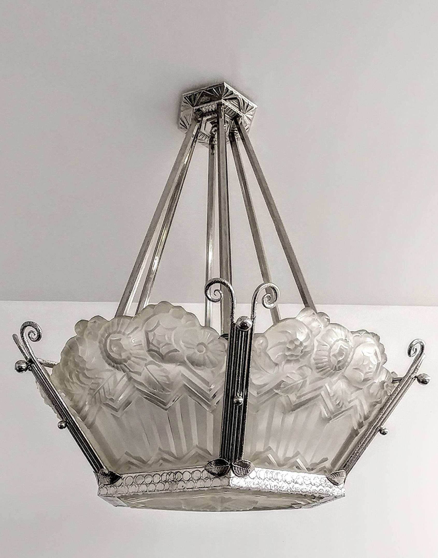 Glass French Art Deco Chandelier by Noverdy