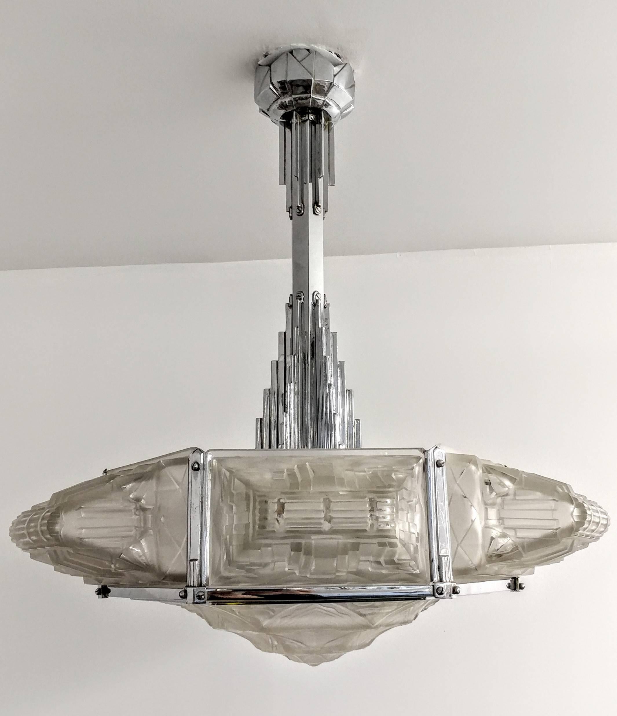 Cast French Art Deco Pendant Chandelier by Hanots For Sale